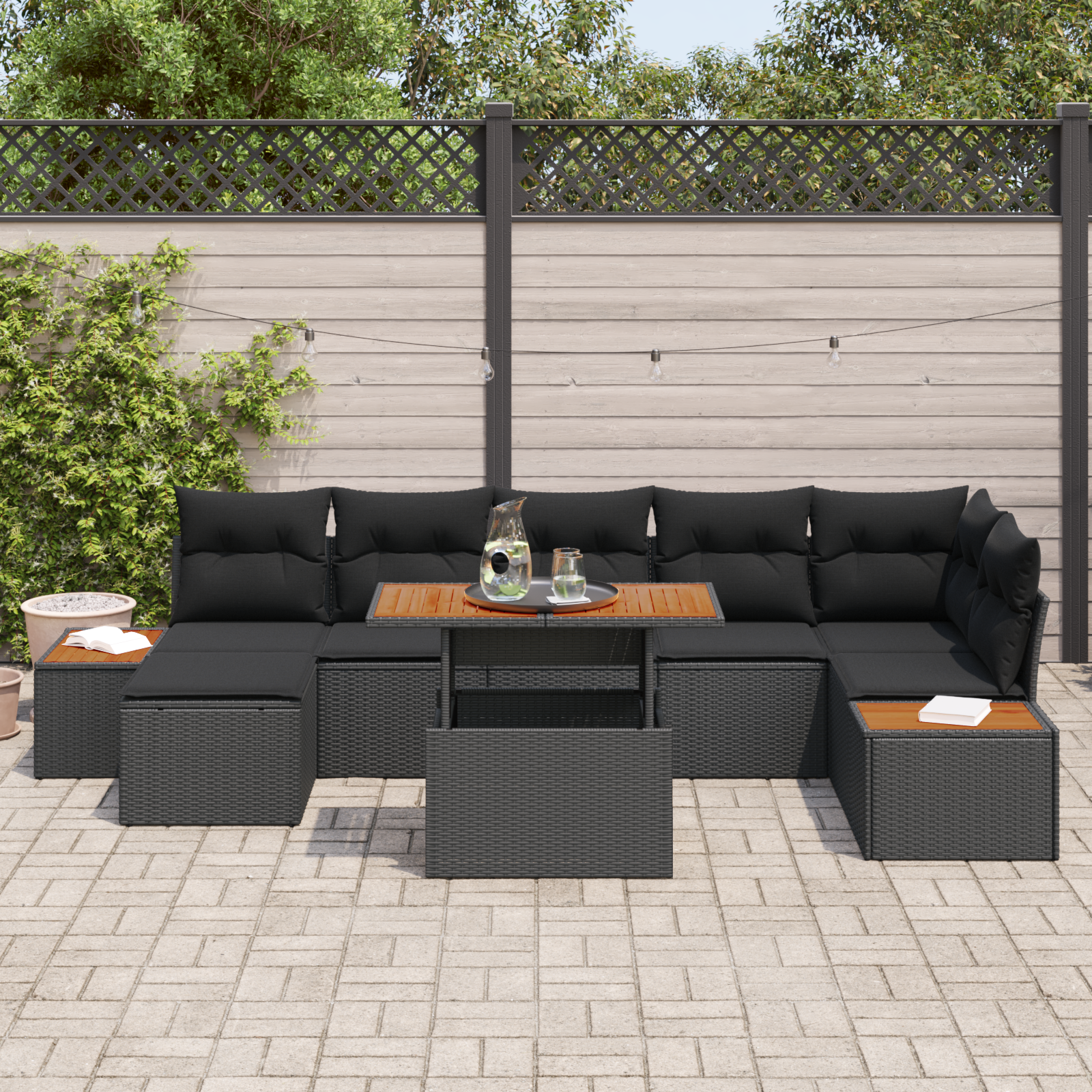 vidaXL 8-delige tuinset met kussens zwart poly rattan acacia