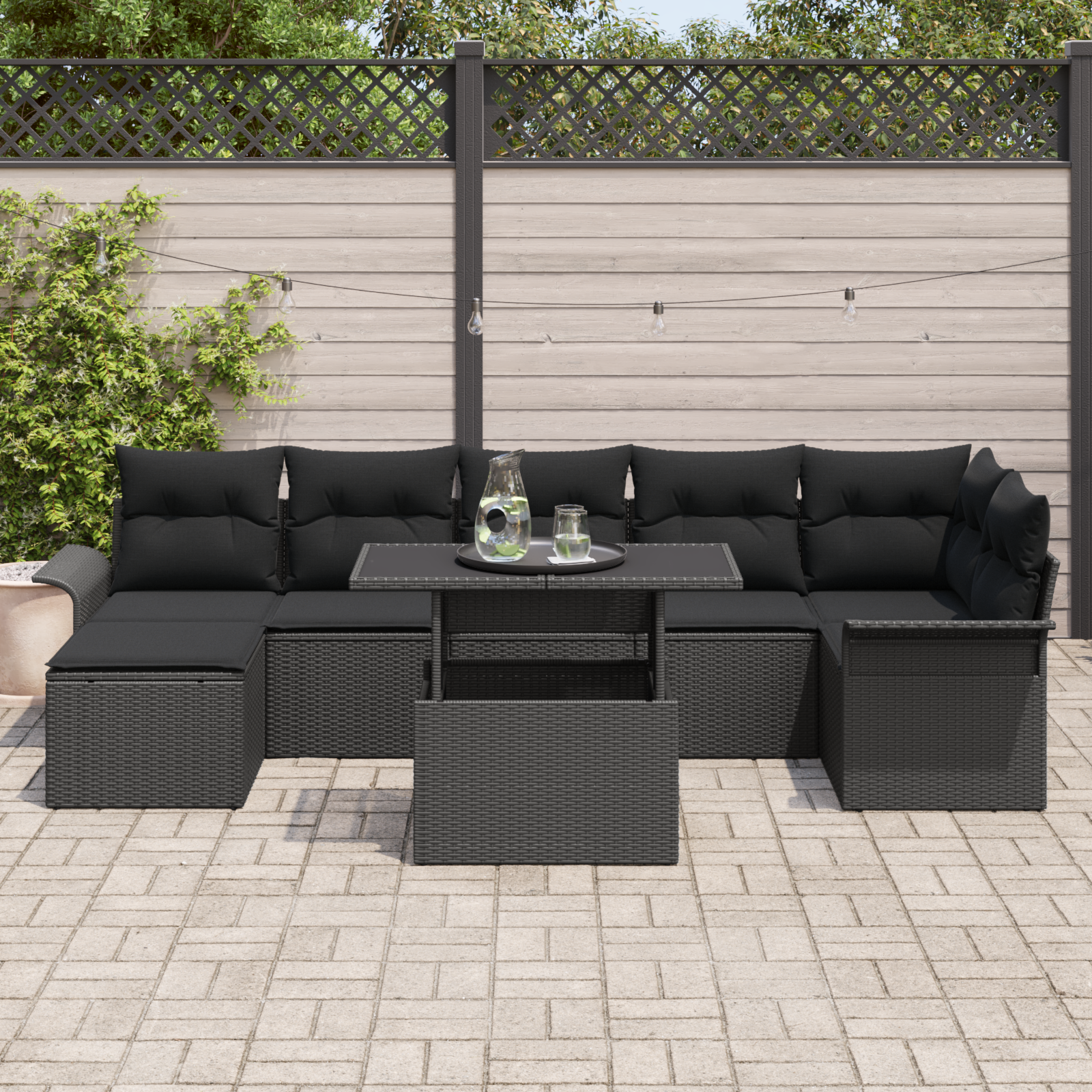 vidaXL 8-delige tuinsofaset met kussens in zwart poly riet