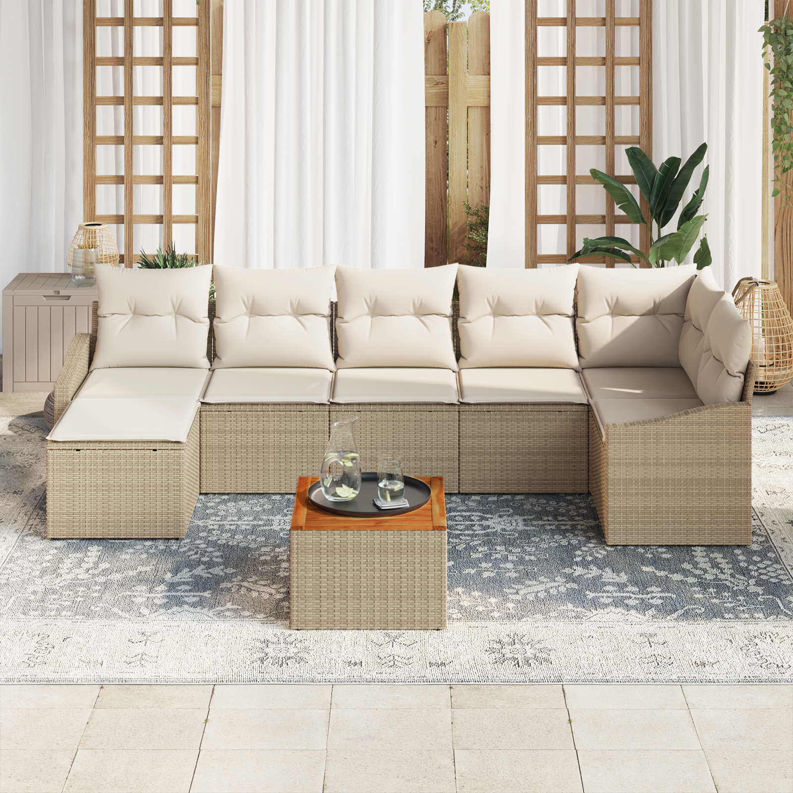 vidaXL 8-delige tuinsofa set met kussens in beige poly rattan en acacia