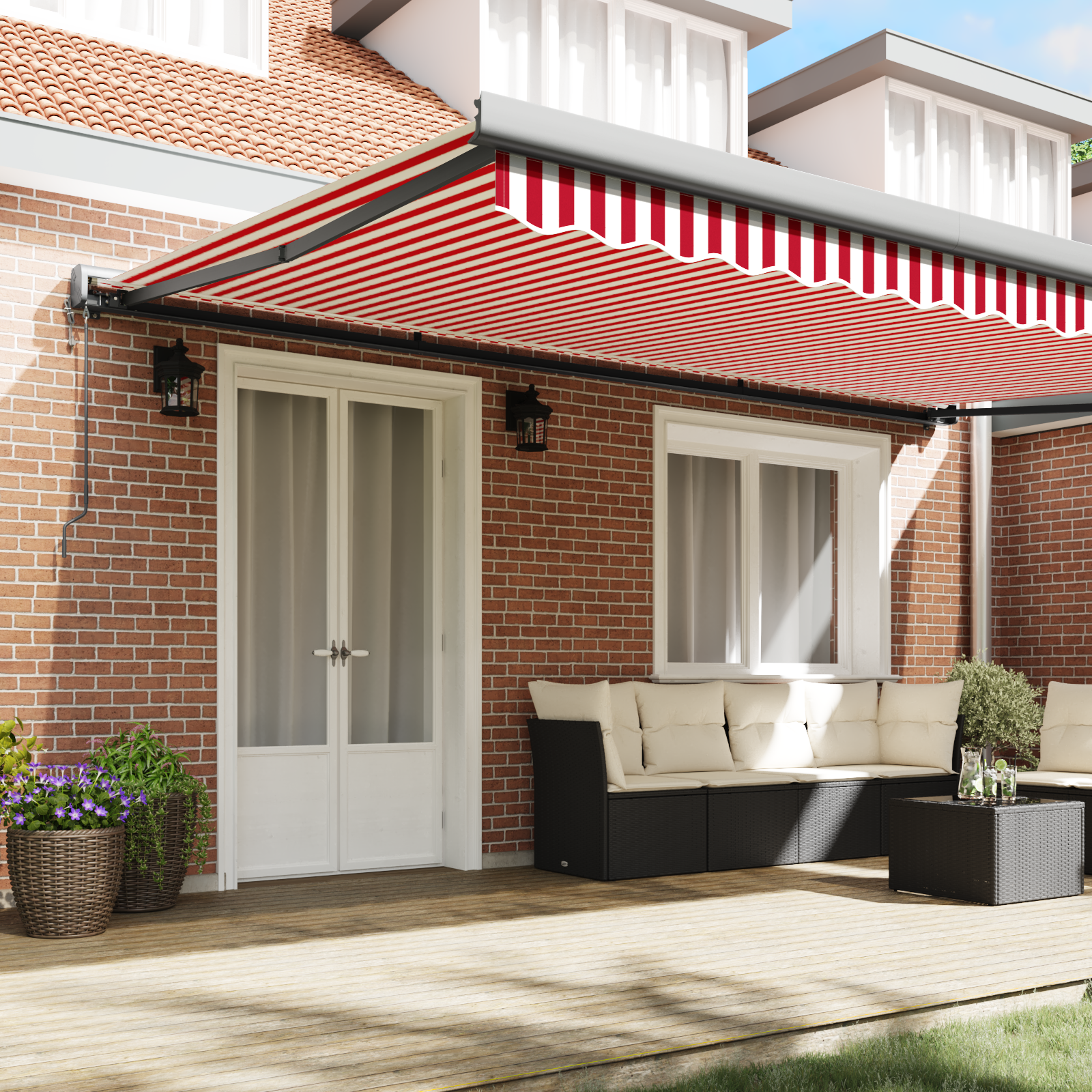 vidaXL Automatische Inklapbare Luifel met Rood en Witte Stripes 500x300 cm