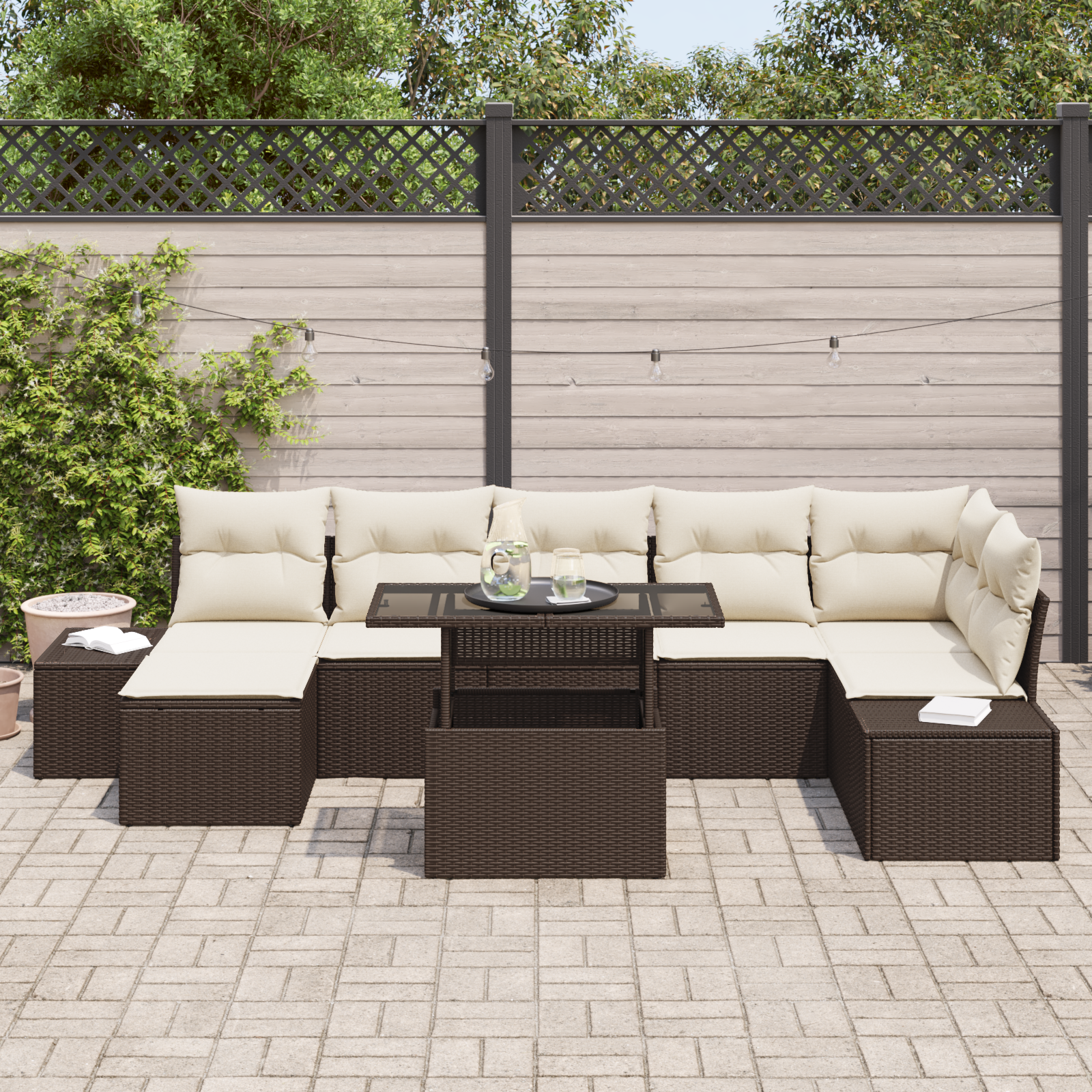 vidaXL 8-delige Tuinbankenset met kussens poly rattan bruin