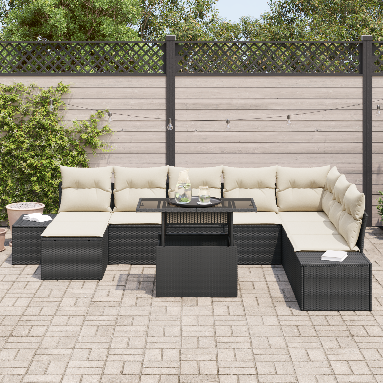 vidaXL 9-delige Tuinbankenset met kussens poly rattan zwart