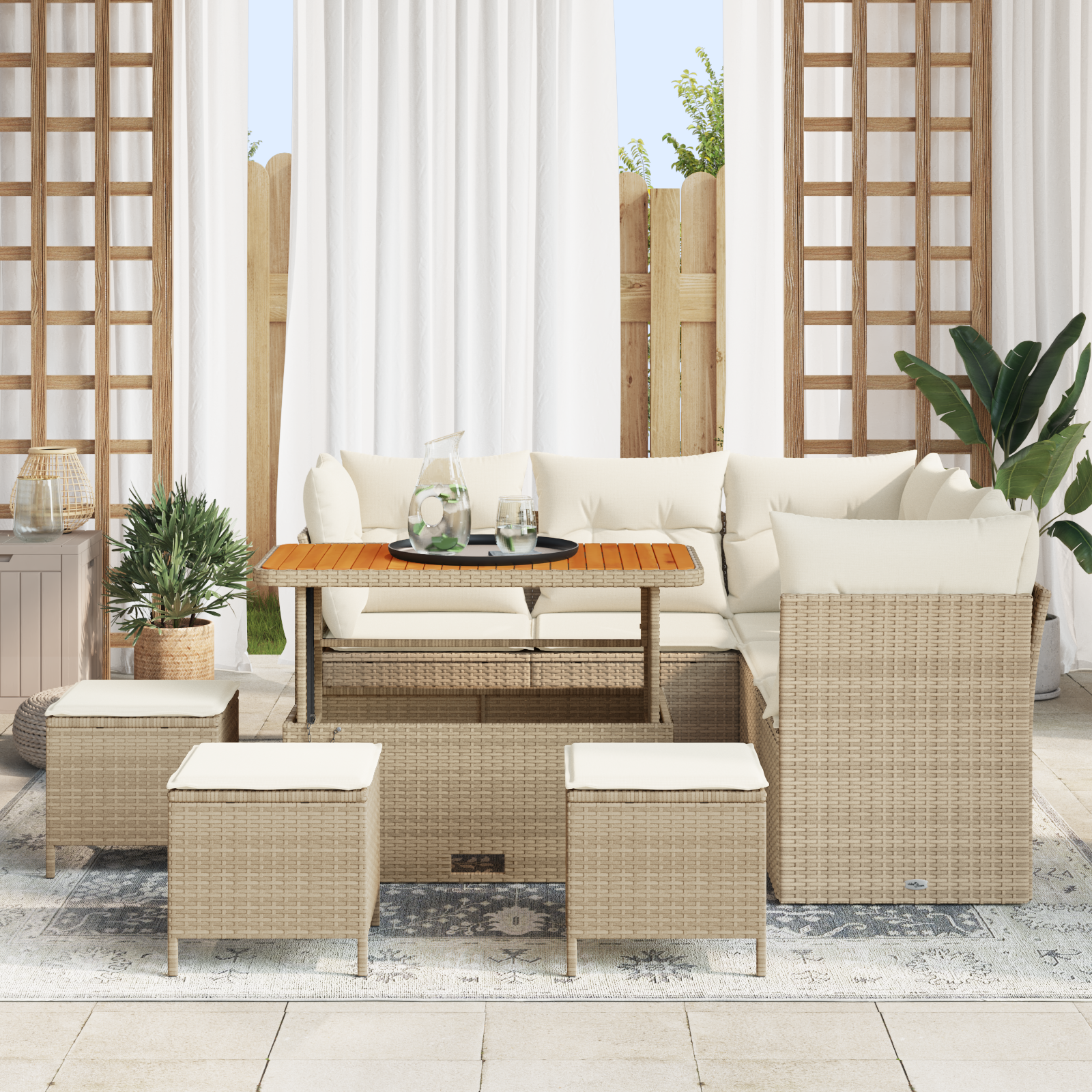 vidaXL 9-delige Tuinbank Set met Kussens in Beige van Poly Riet en Acacia
