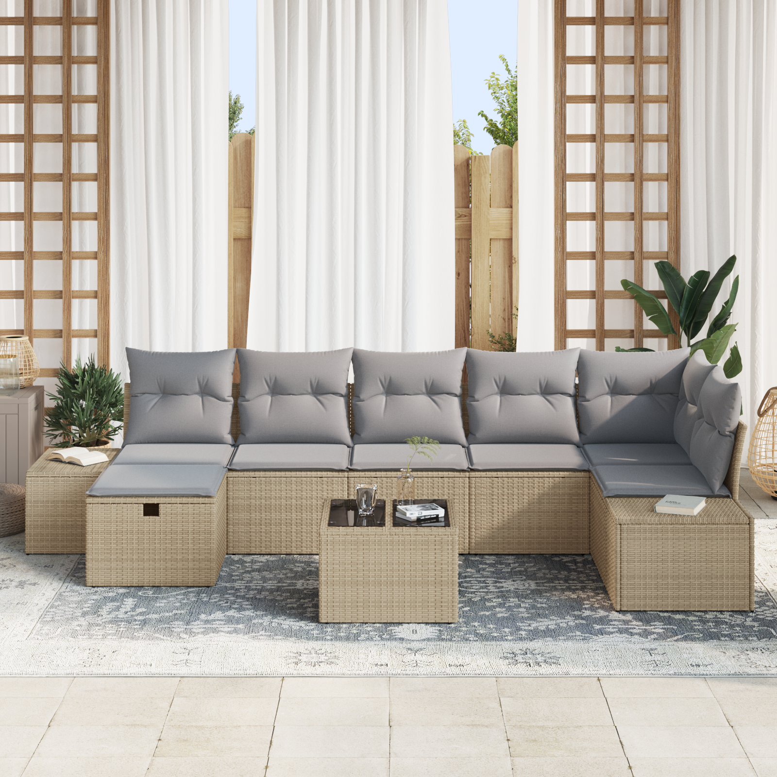 vidaXL 8-delige Tuinbankenset met kussens poly rattan beige