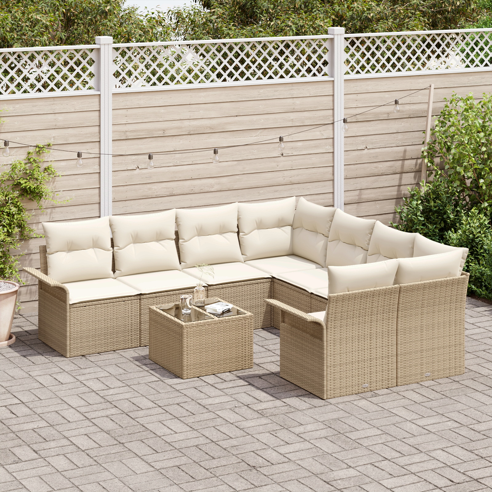 vidaXL 9-delige Tuinbankenset met kussens poly rattan beige