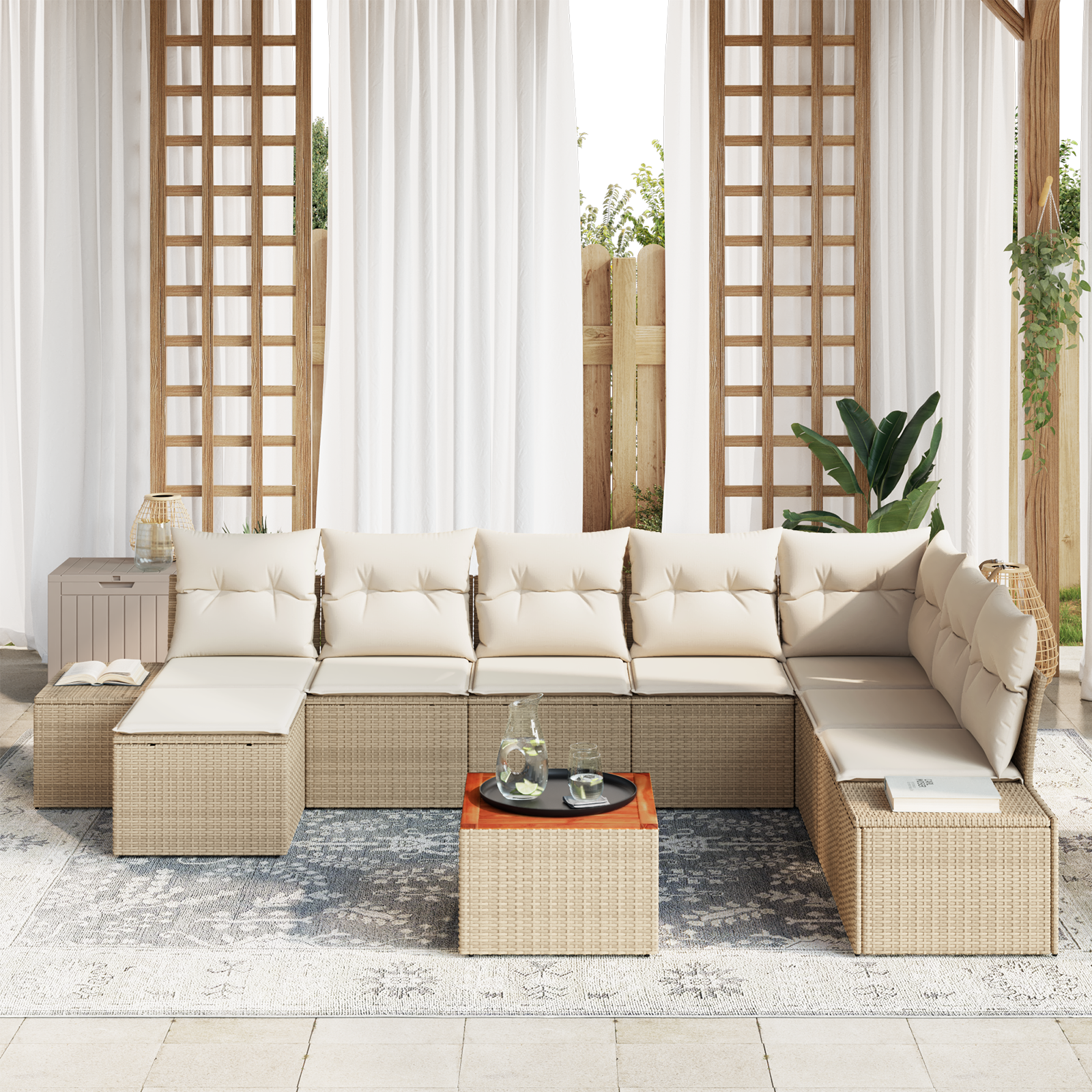 vidaXL 9-delige Tuinbankenset met kussens poly rattan acaciahout beige