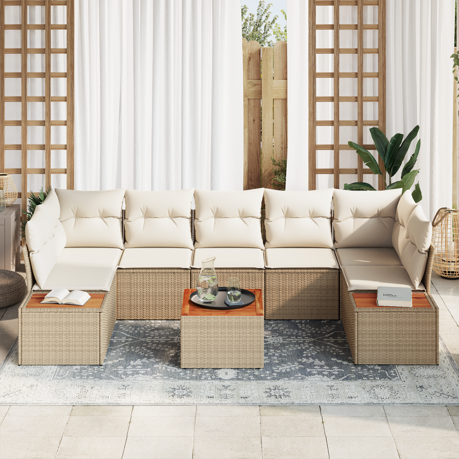 vidaXL 8-delige tuinset met kussens in beige van poly rattan en acacia