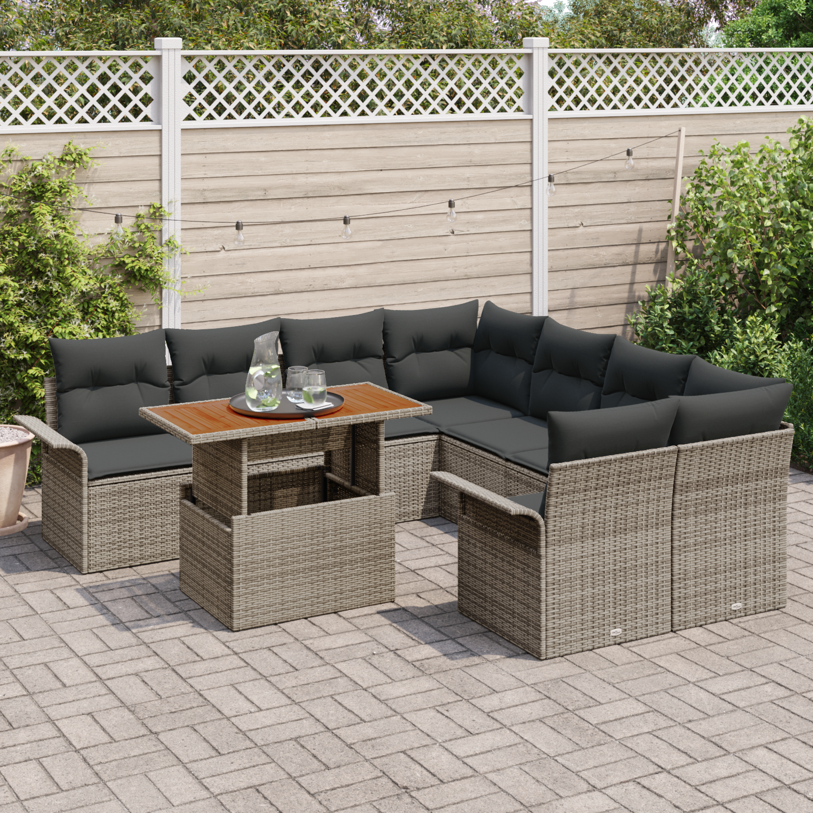 vidaXL 9-delige tuinset met kussens in grijs poly rattan