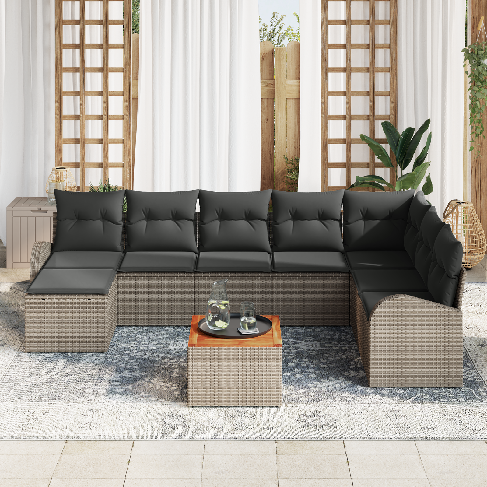 vidaXL 9-delige Tuinbankenset met kussens poly rattan acacia grijs