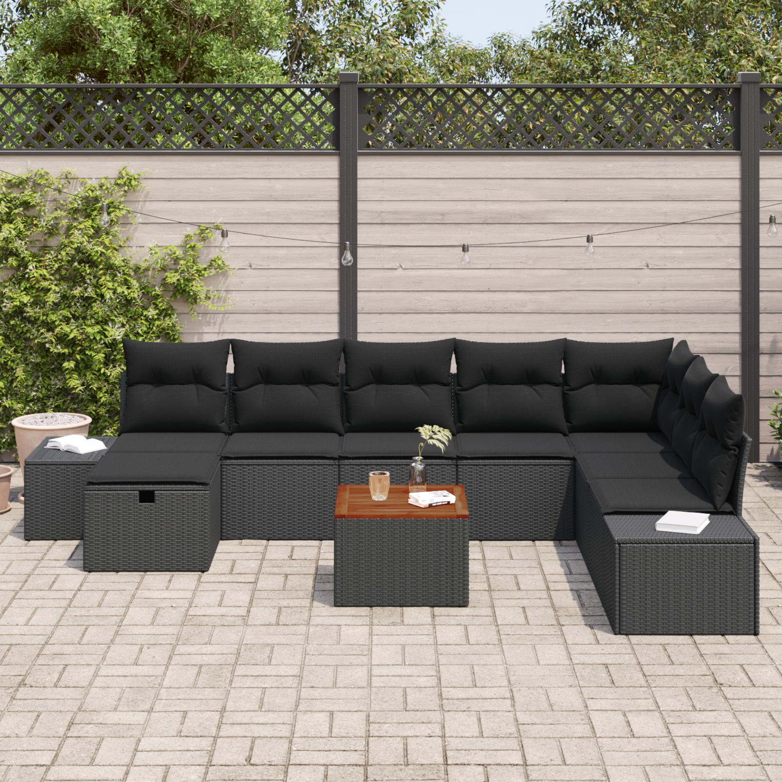 vidaXL 9-delige tuinset met kussens zwart poly rattan