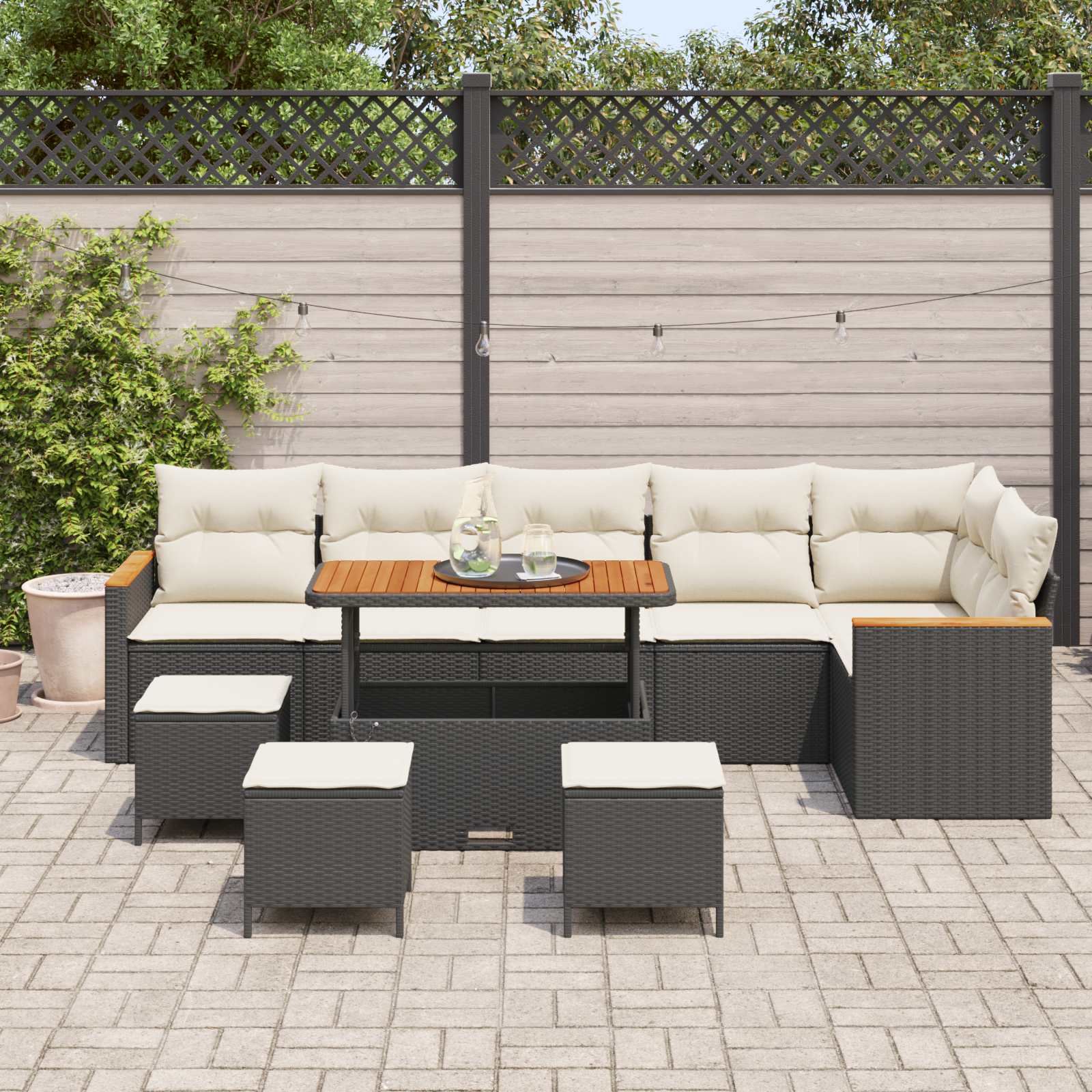 vidaXL 10-delige Tuinbankenset met kussens poly rattan acacia zwart