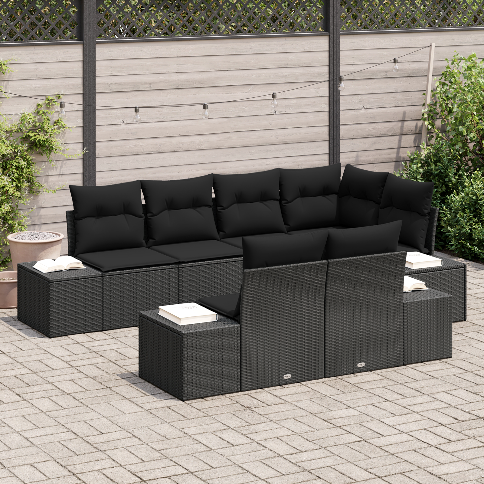 vidaXL 7-delige Tuinbankenset met kussens poly rattan zwart