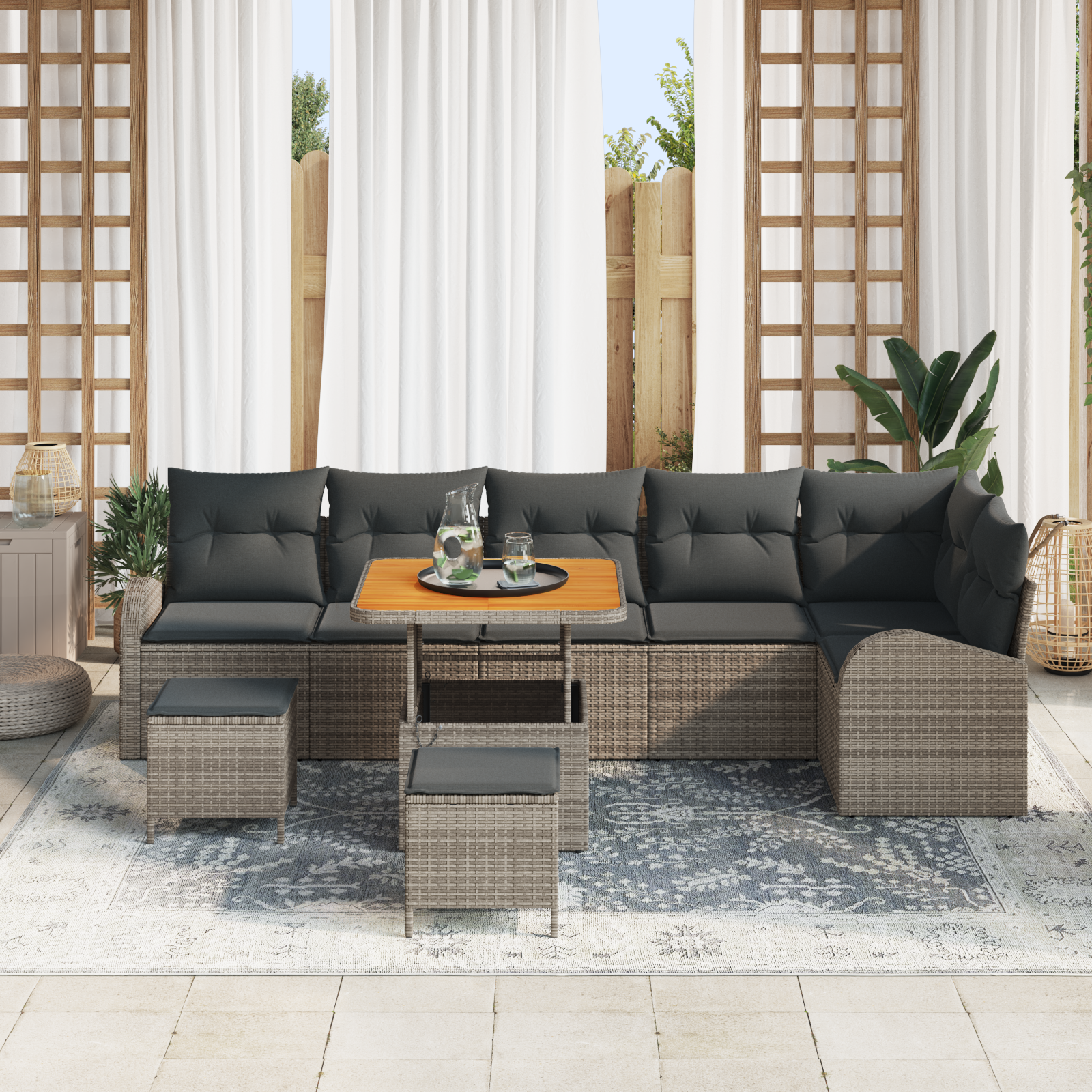 vidaXL 9-delige Tuinbankenset met kussens poly rattan acacia grijs