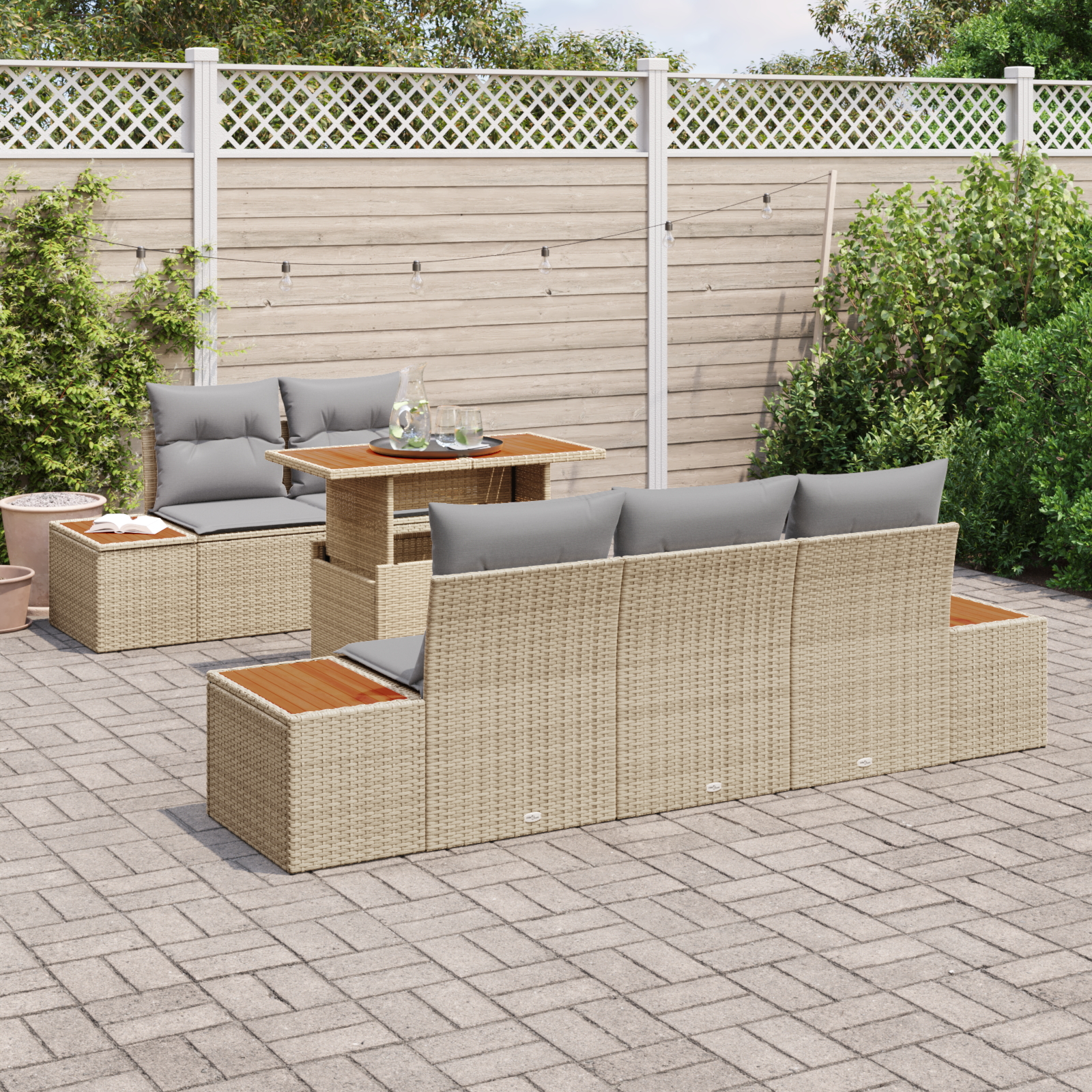 vidaXL 6-delige tuinset met kussens - Beige poly rattan en acacia