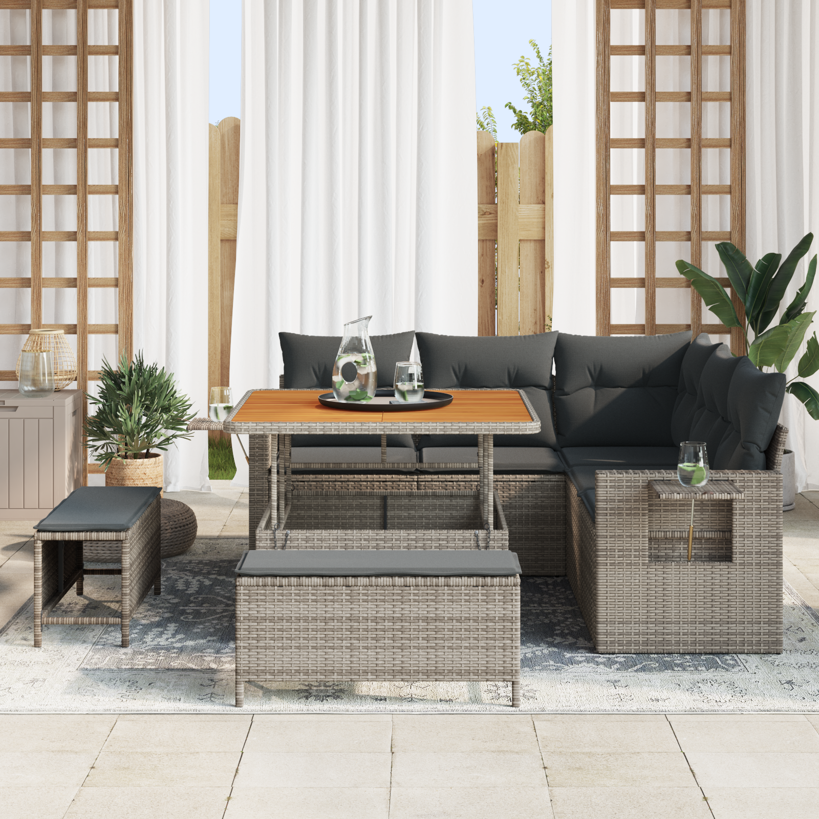 vidaXL 8-delige Tuinbankenset met kussens poly rattan acacia grijs
