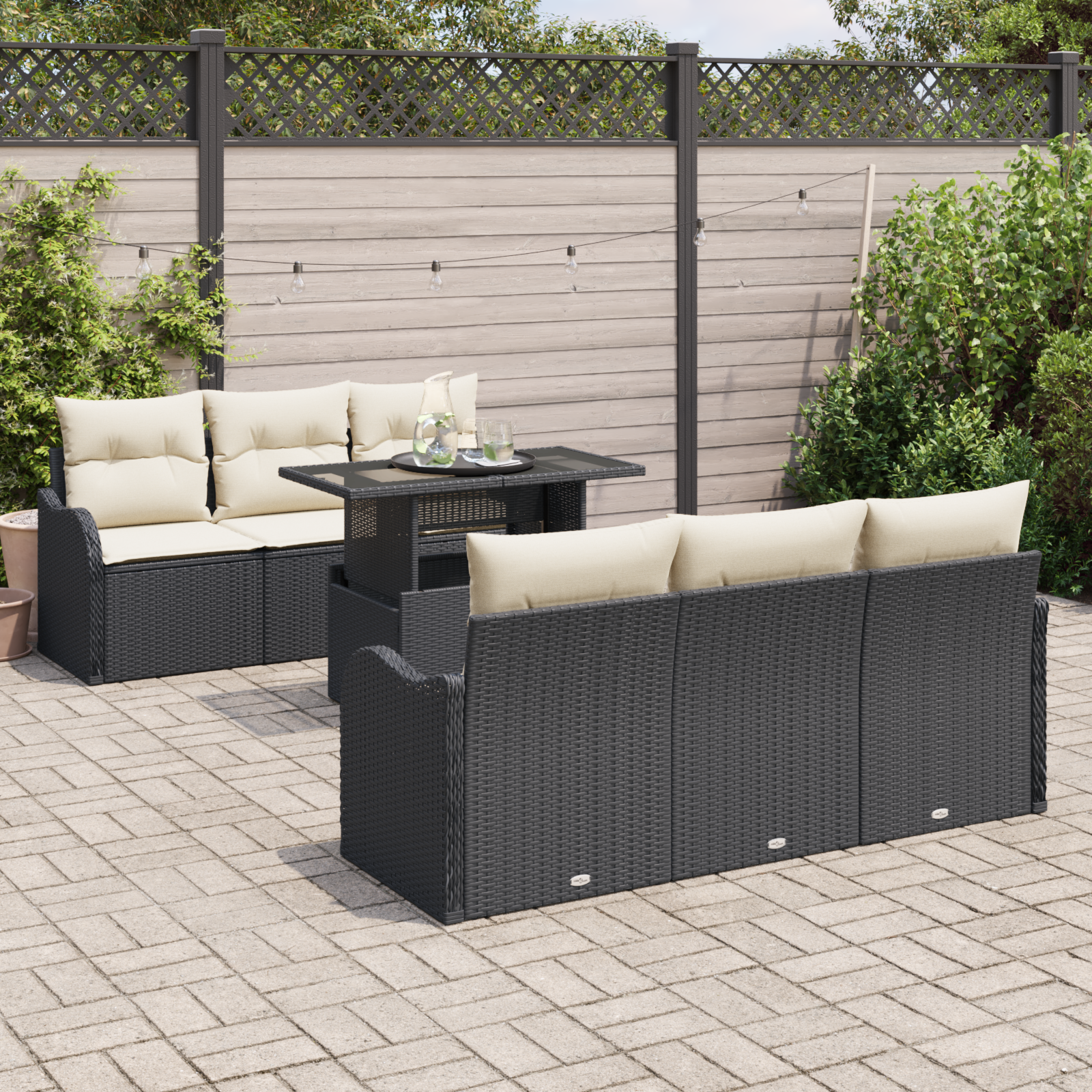 vidaXL 7-delige tuinset met kussens zwart poly rattan