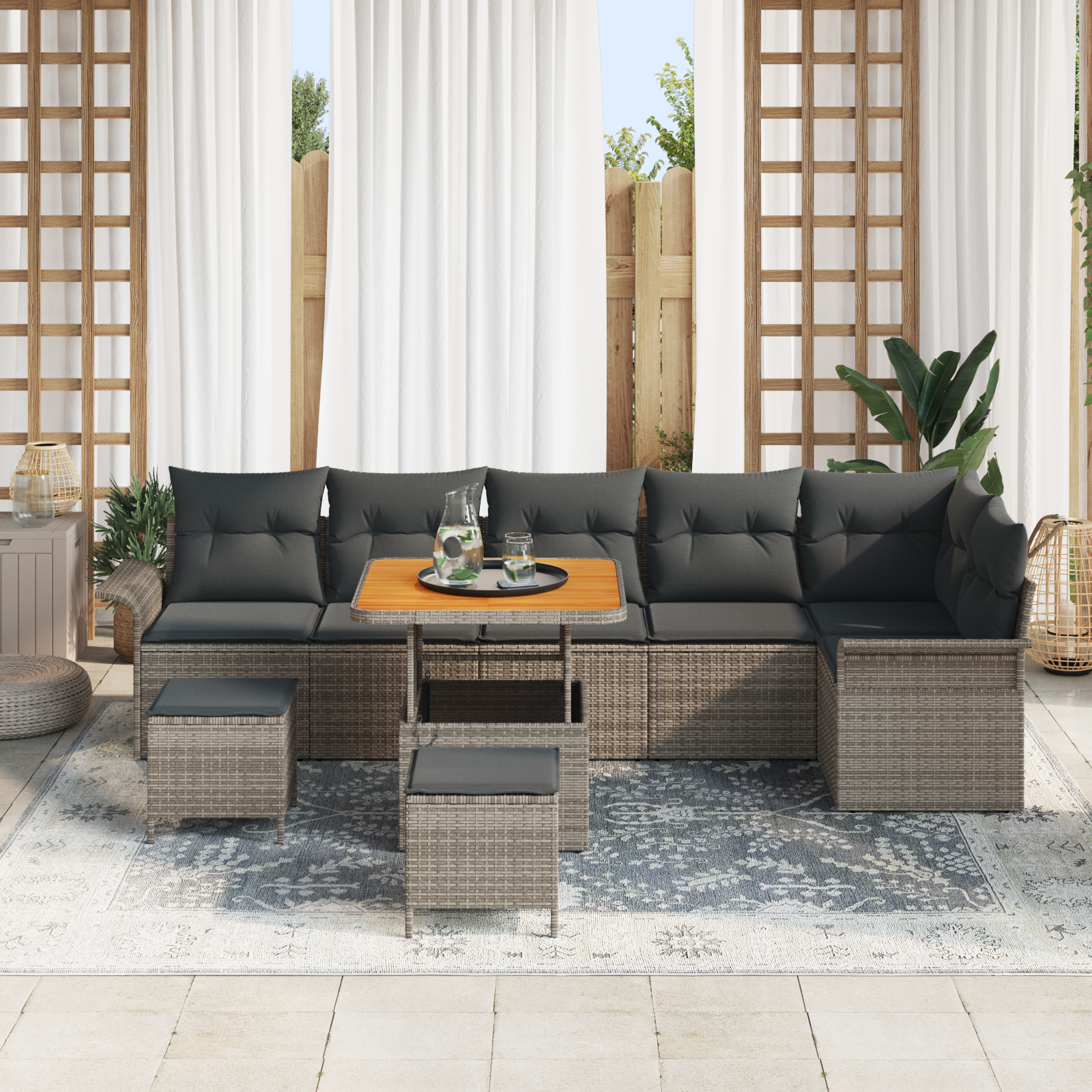 vidaXL 9-delige Tuinbankenset met kussens poly rattan acacia grijs