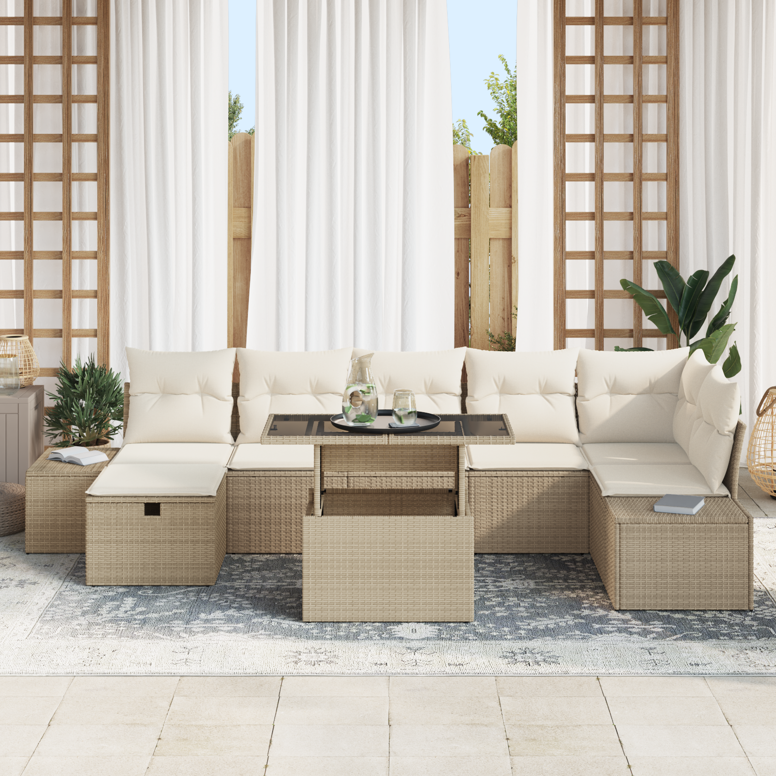 vidaXL 8-delige tuinset met kussens in beige poly rattan