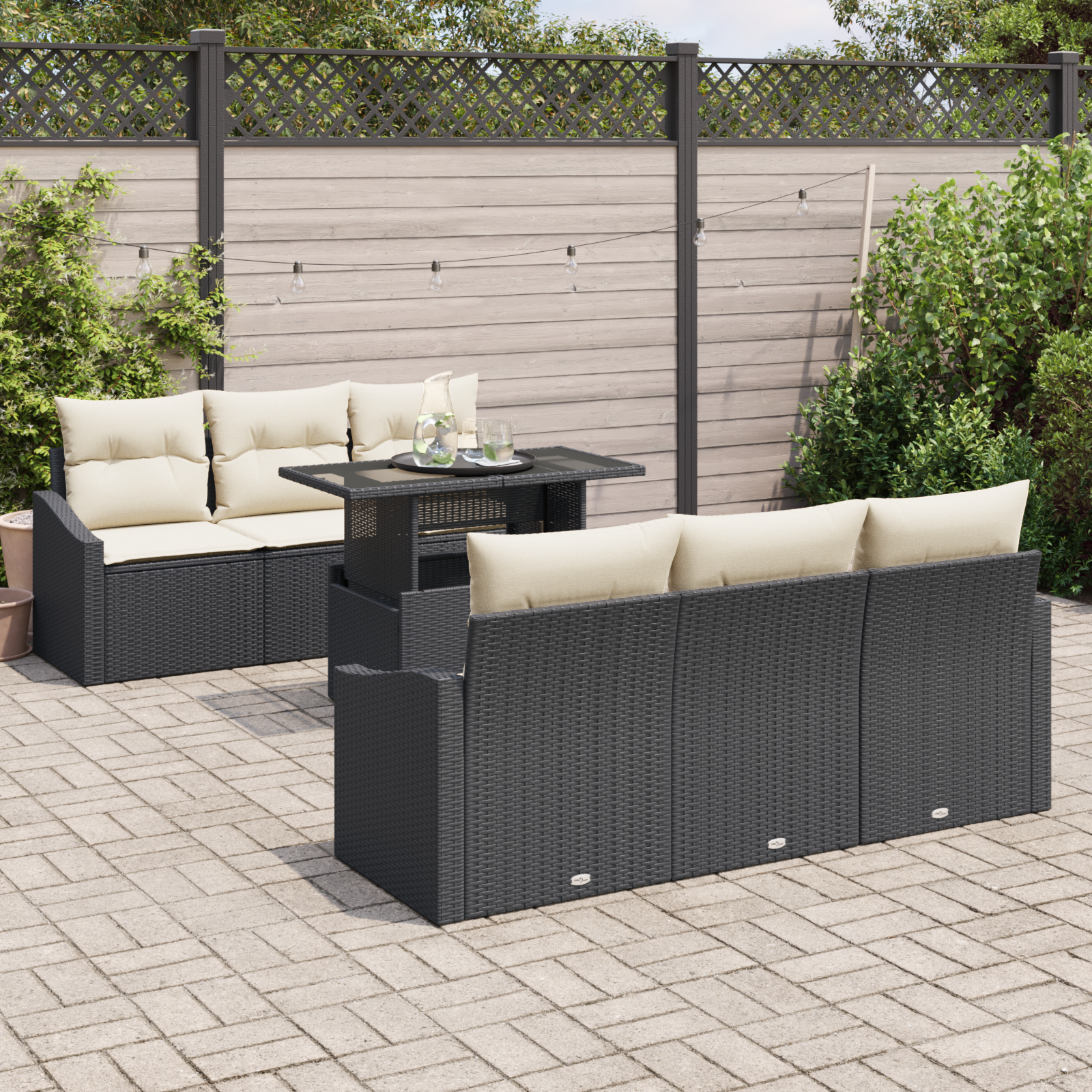 vidaXL 7-delige Tuinbankenset met kussens poly rattan zwart