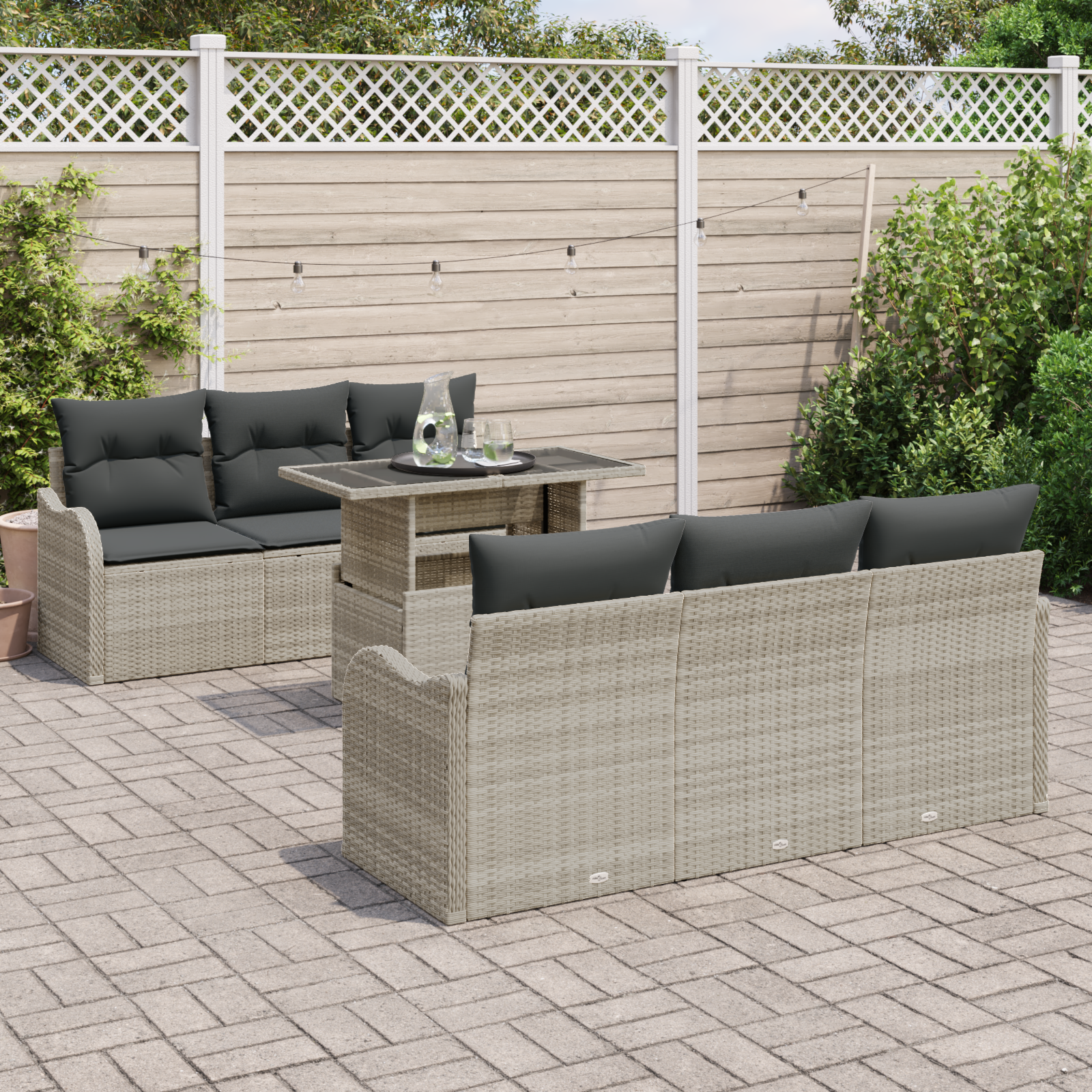 vidaXL 7-delige tuinset met kussens in lichtgrijs poly rattan