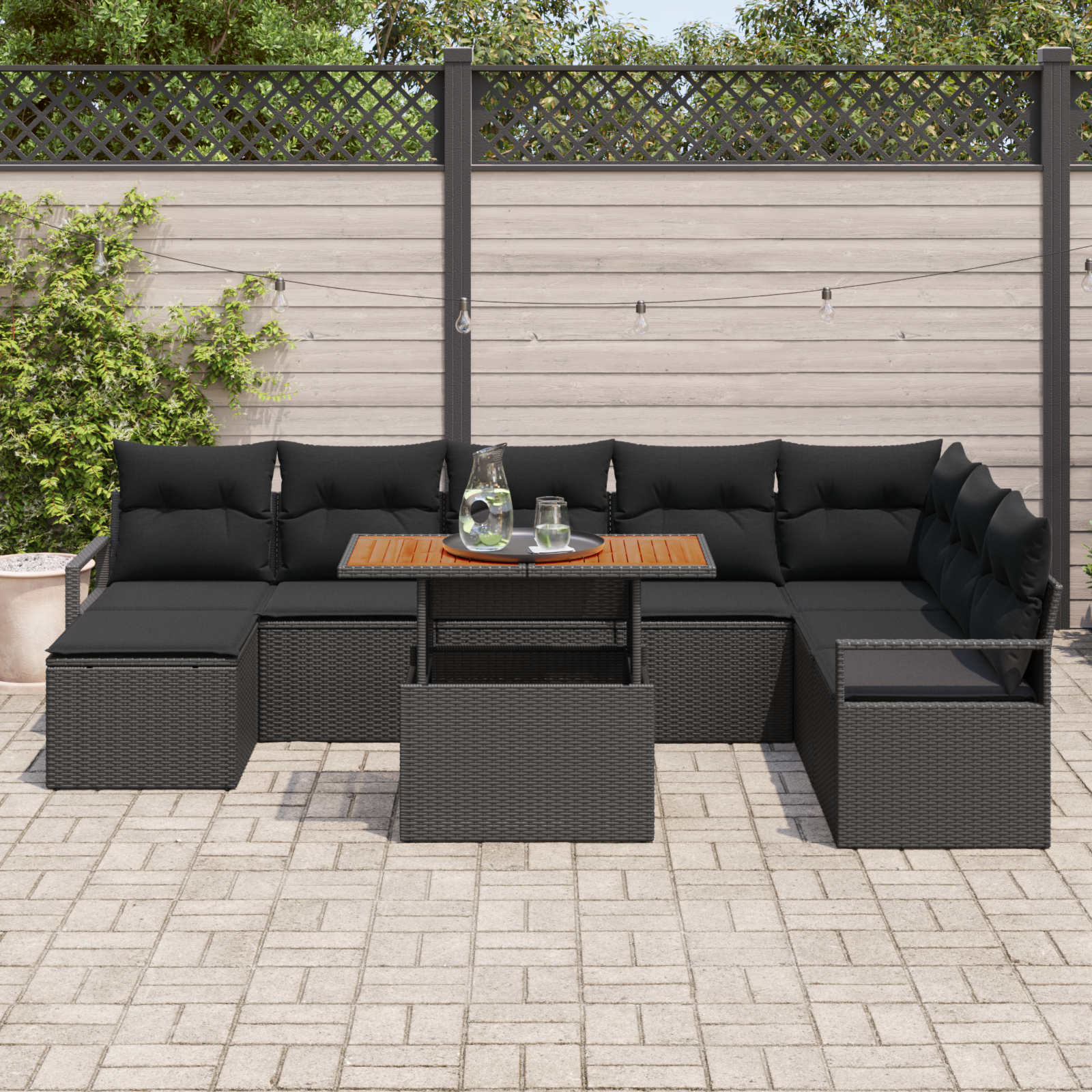 vidaXL 9-delige Tuinbankenset met kussens poly rattan acacia zwart