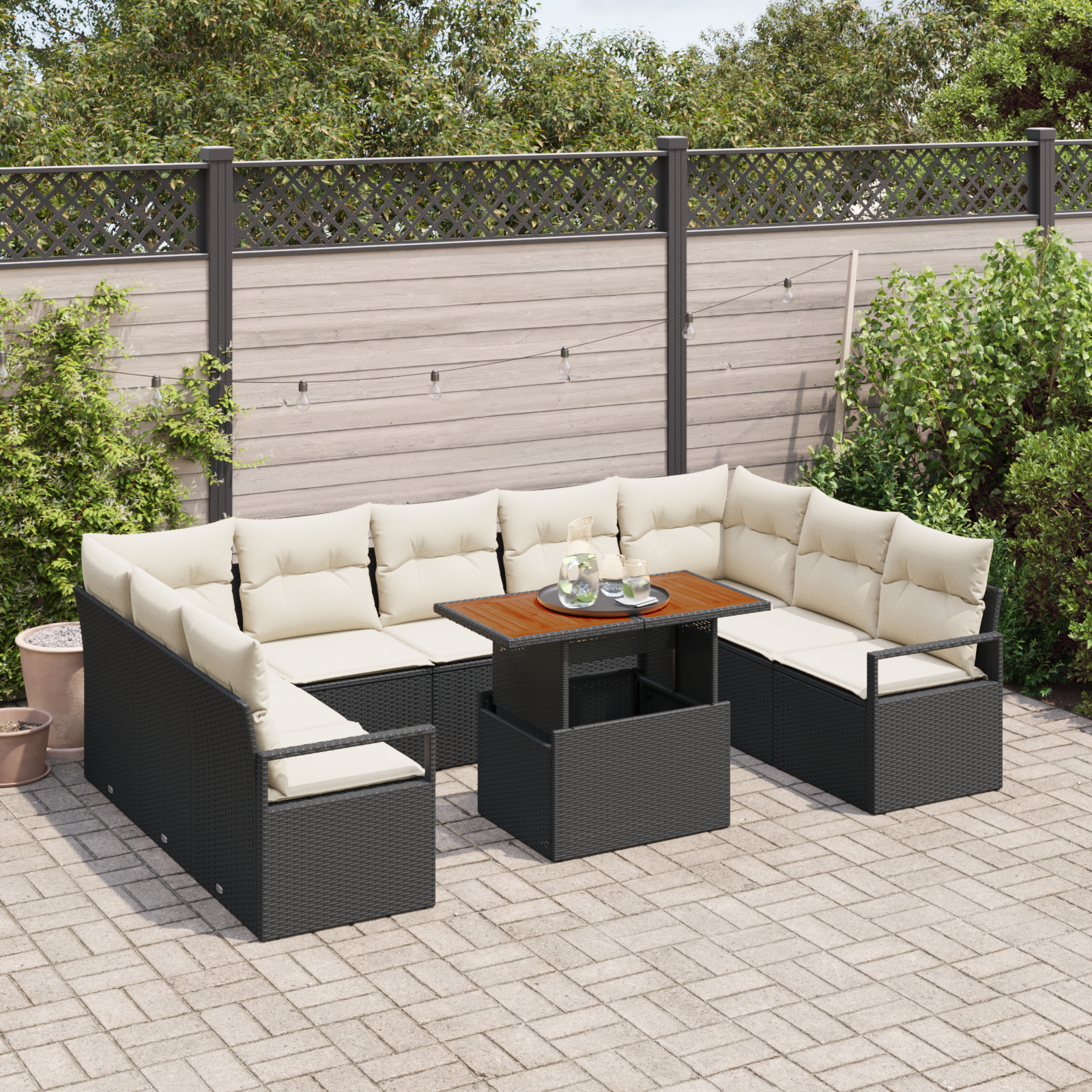 vidaXL 10-delige Tuinbankenset met kussens poly rattan acacia zwart