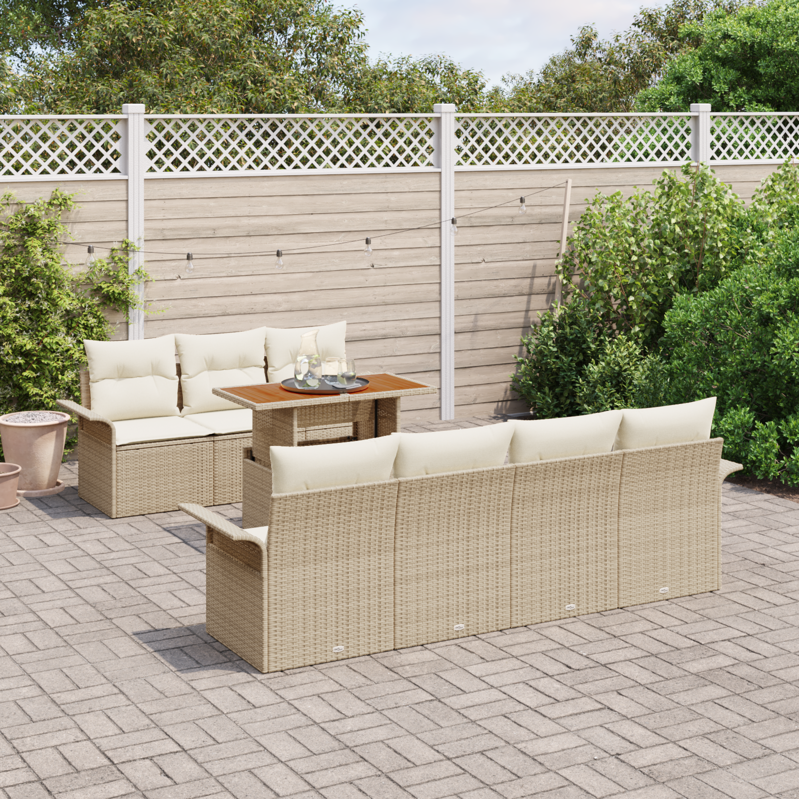vidaXL 8-delige tuinset met kussens in beige poly rattan en acacia