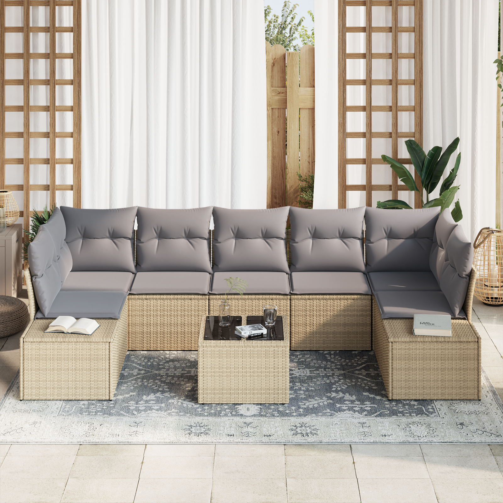 vidaXL 8-delige tuinbankset met kussens - beige poly rattan