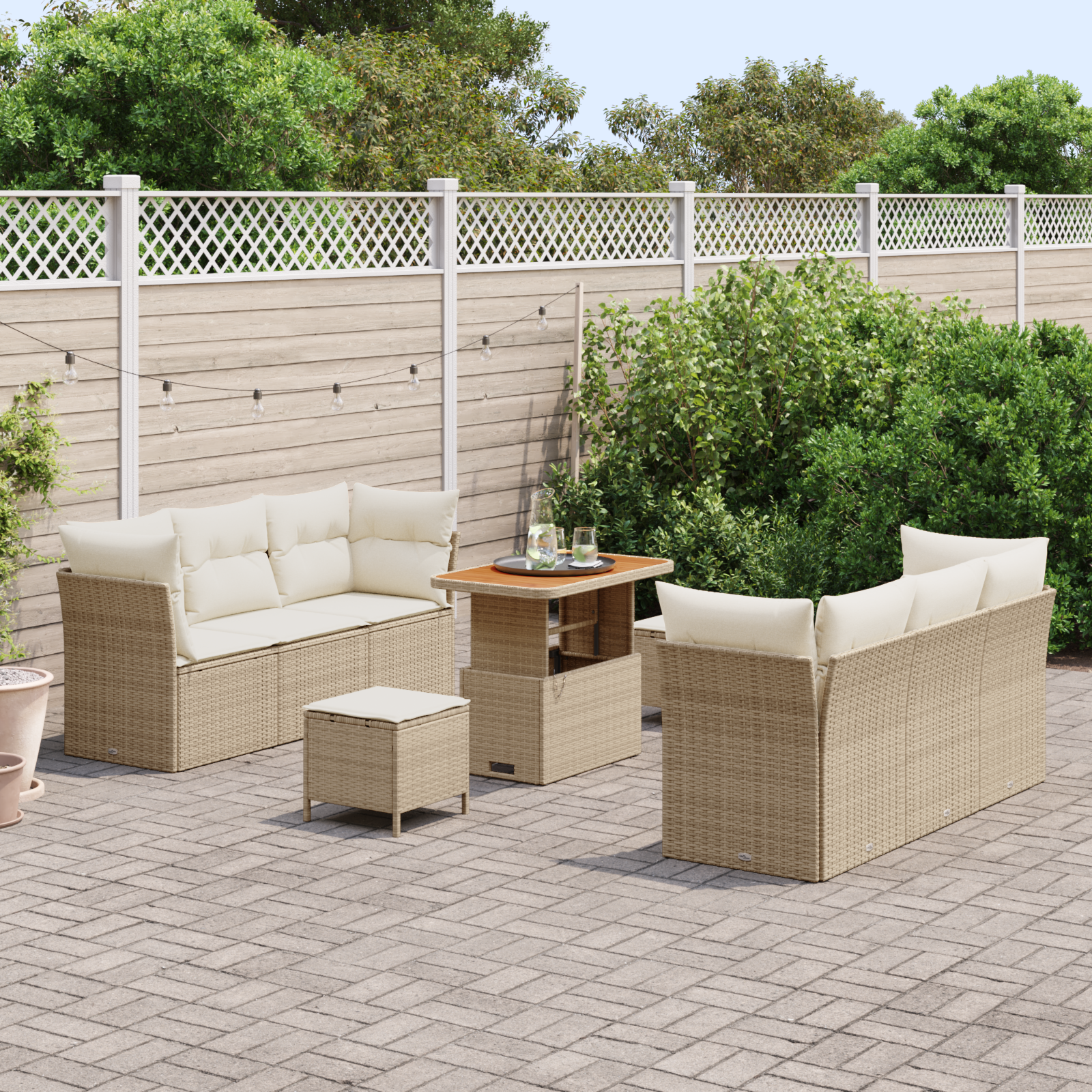vidaXL 9-delige Tuinbankenset met kussens poly rattan acacia beige