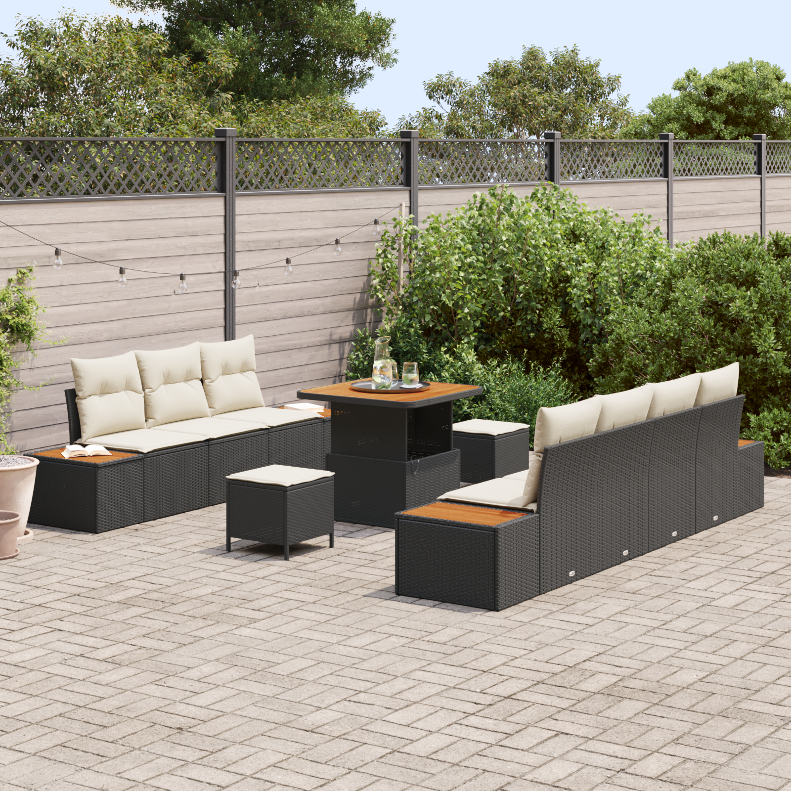 vidaXL 10-delige tuinbankset met kussens in zwart poly rattan en acacia