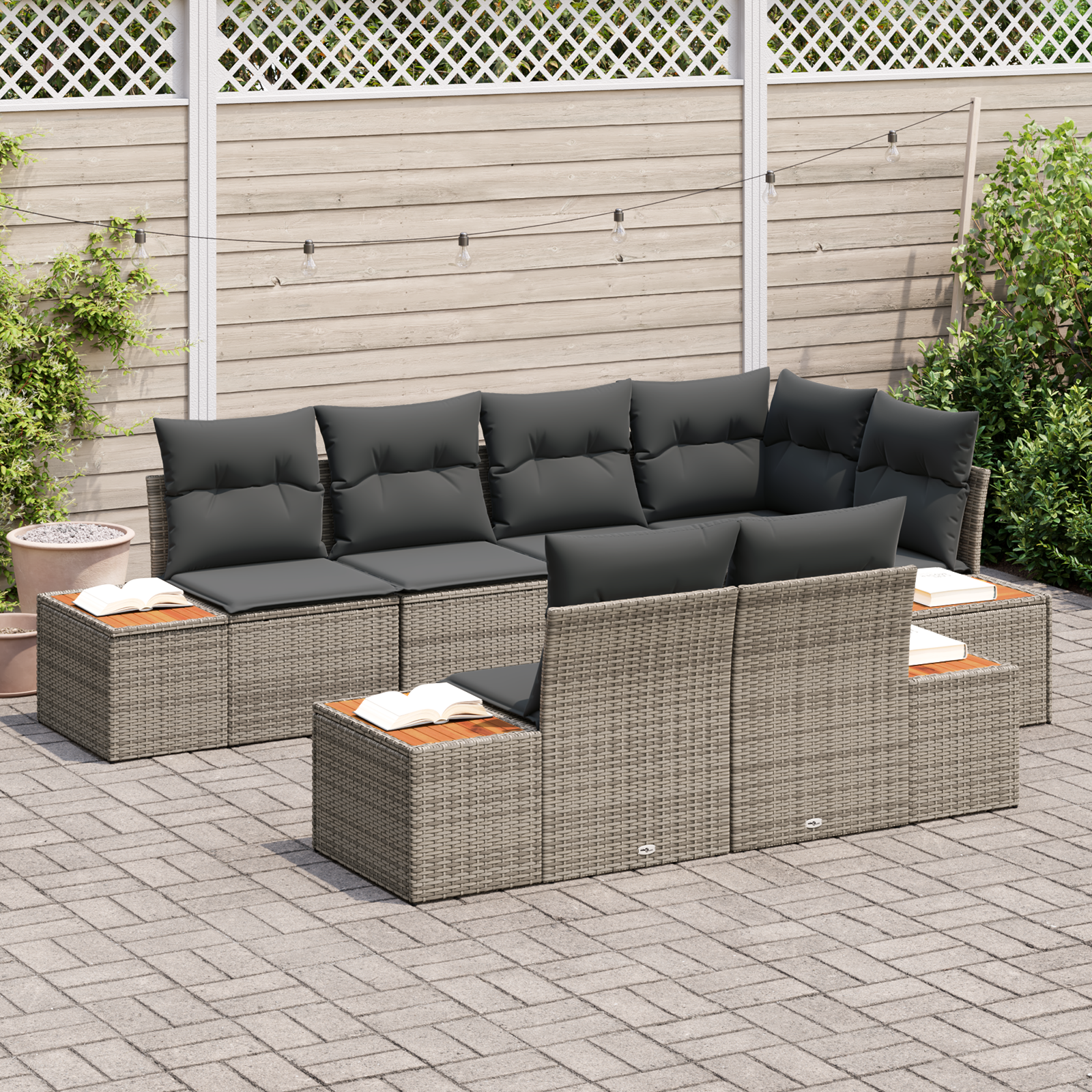 vidaXL 7-delige tuinset met kussens - Grijs, poly rattan, acacia