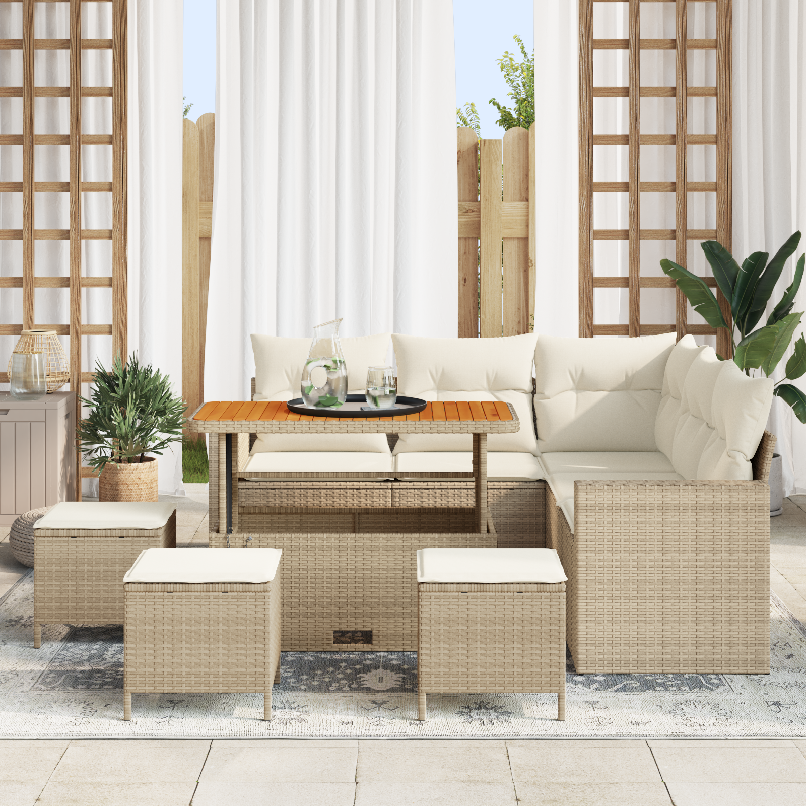 vidaXL 9-delige tuinbankset met kussens - Beige poly rattan en acaciahout