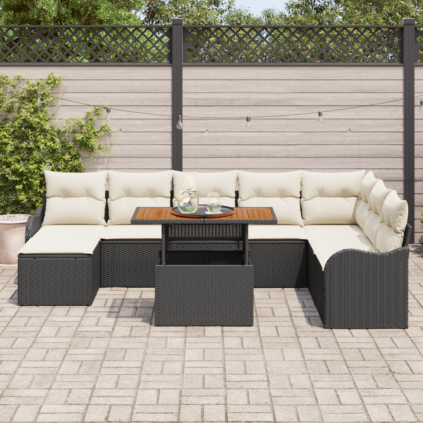 vidaXL 9-delige tuinset met kussens zwart poly riet
