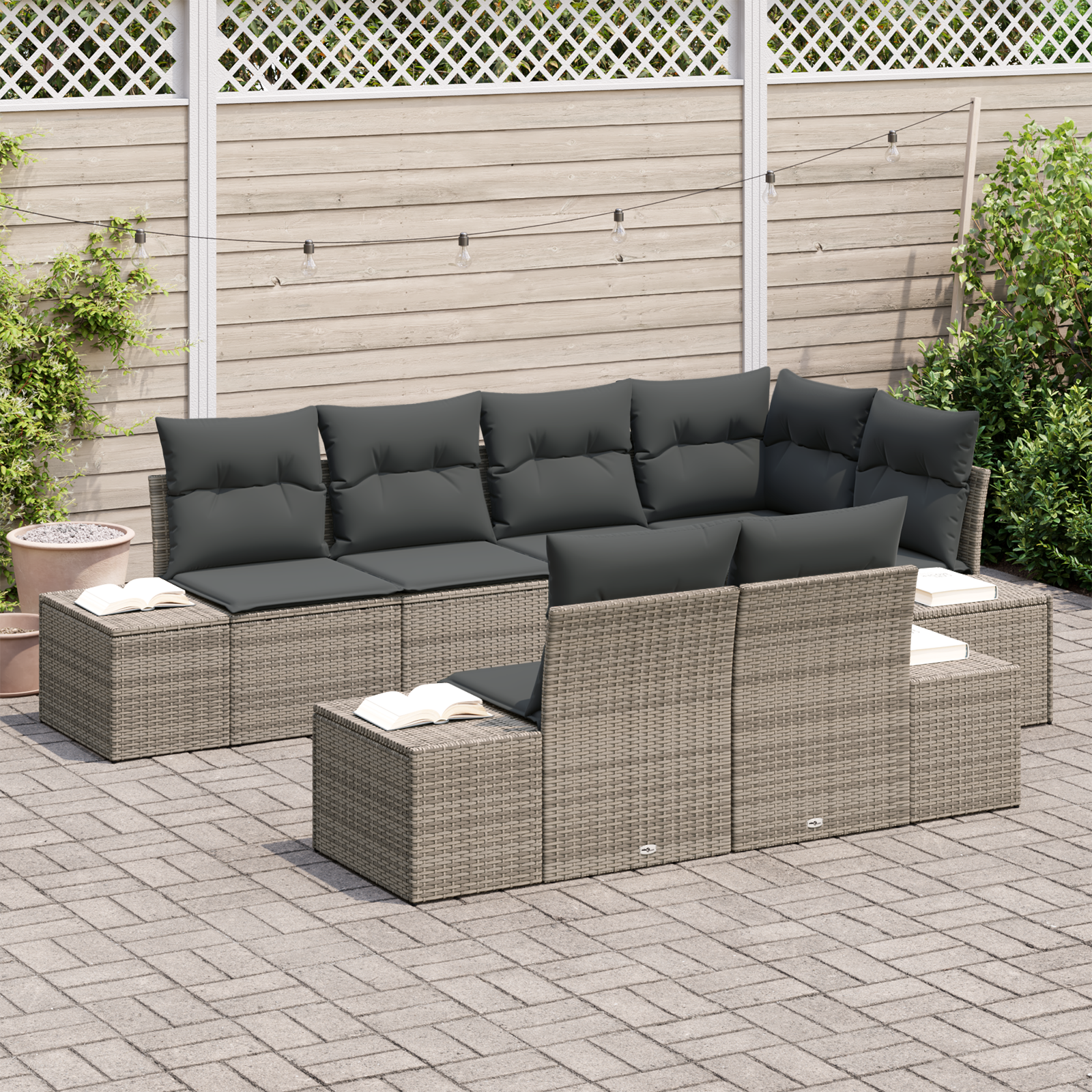 vidaXL 7-delige Tuinbankenset met kussens poly rattan grijs