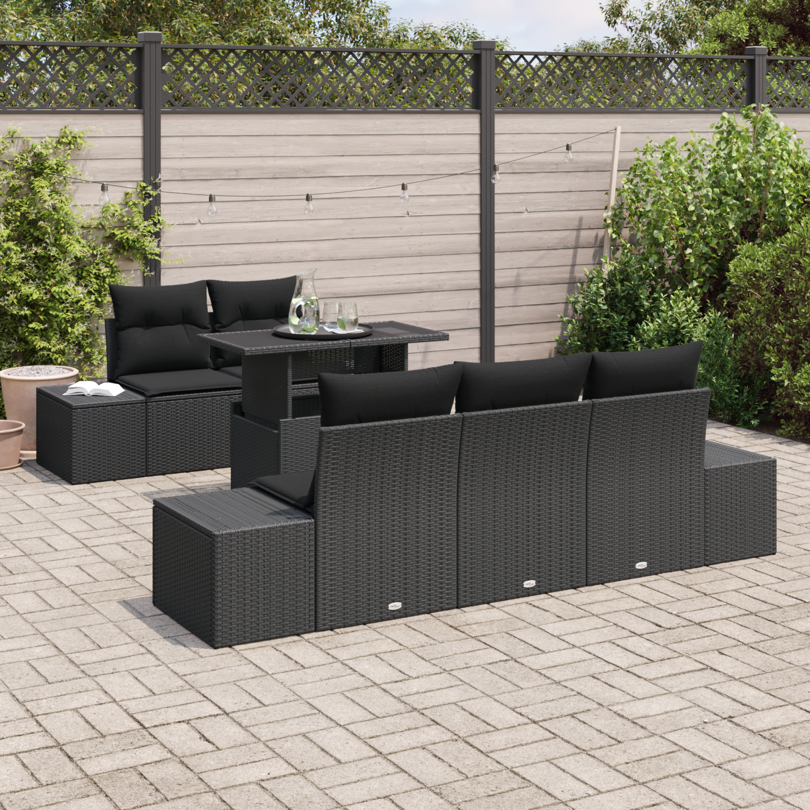vidaXL 6-delige Tuinbankenset met kussens poly rattan zwart