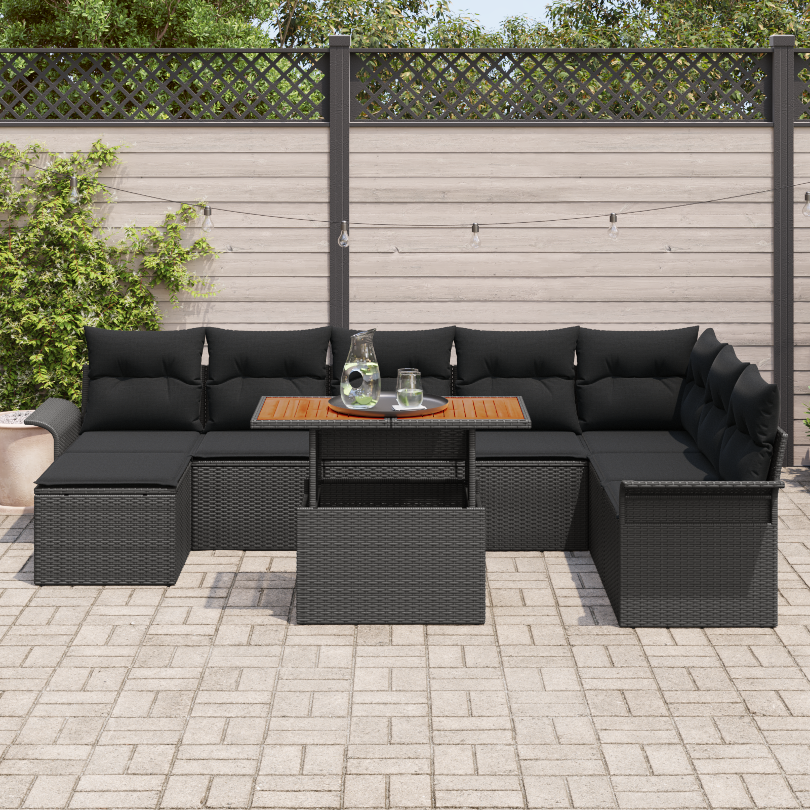vidaXL 9-delige Tuinset met kussens poly rattan acaciahout zwart