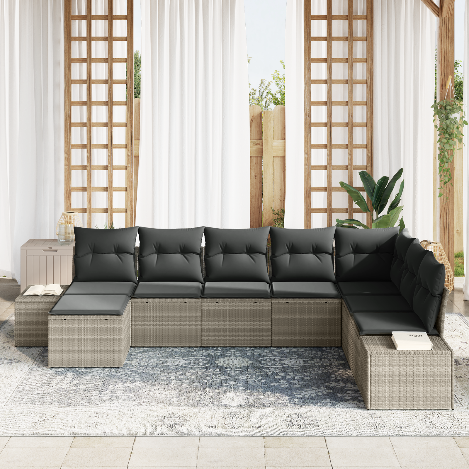 vidaXL 8-delige tuinset met kussens in lichtgrijs poly rattan
