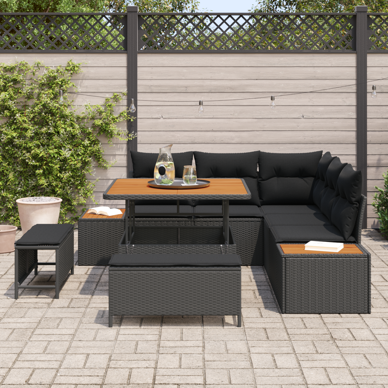 vidaXL 8-delige tuinsofa set met kussens in zwart poly rattan en acacia