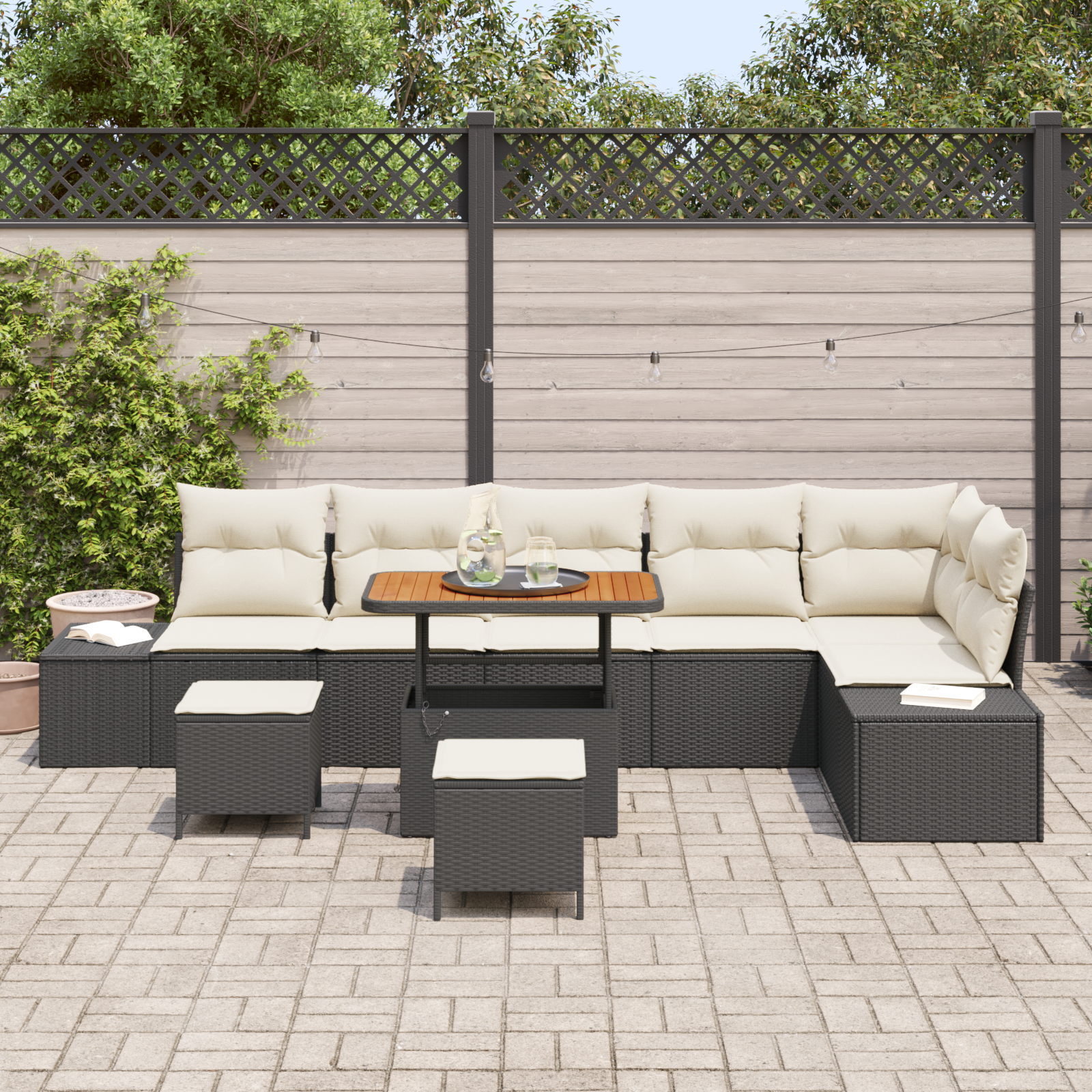 vidaXL 9-delige tuinset met kussens - Zwart Poly Rattan en Acacia