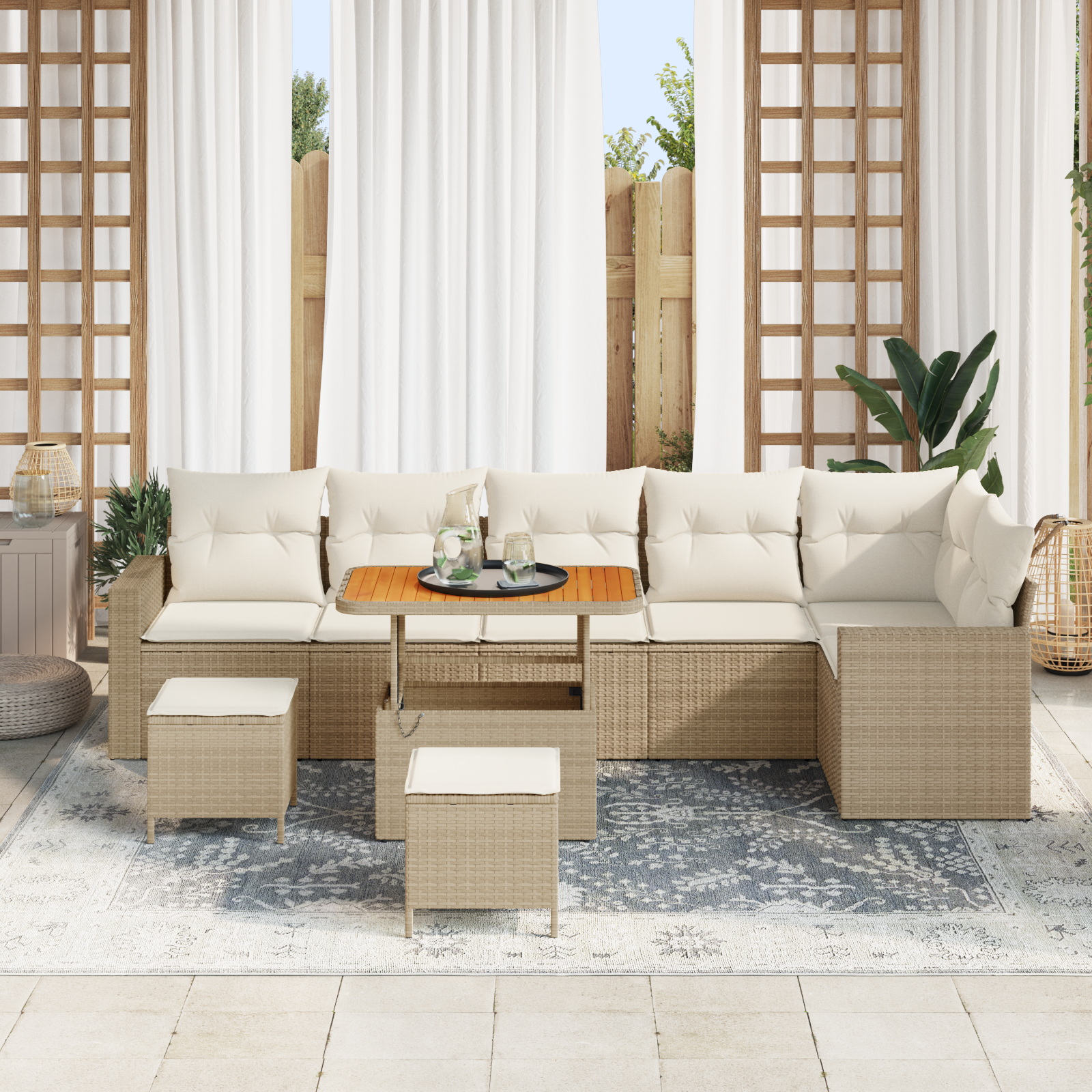 vidaXL 9-delige Tuinbankenset met kussens poly rattan acacia beige