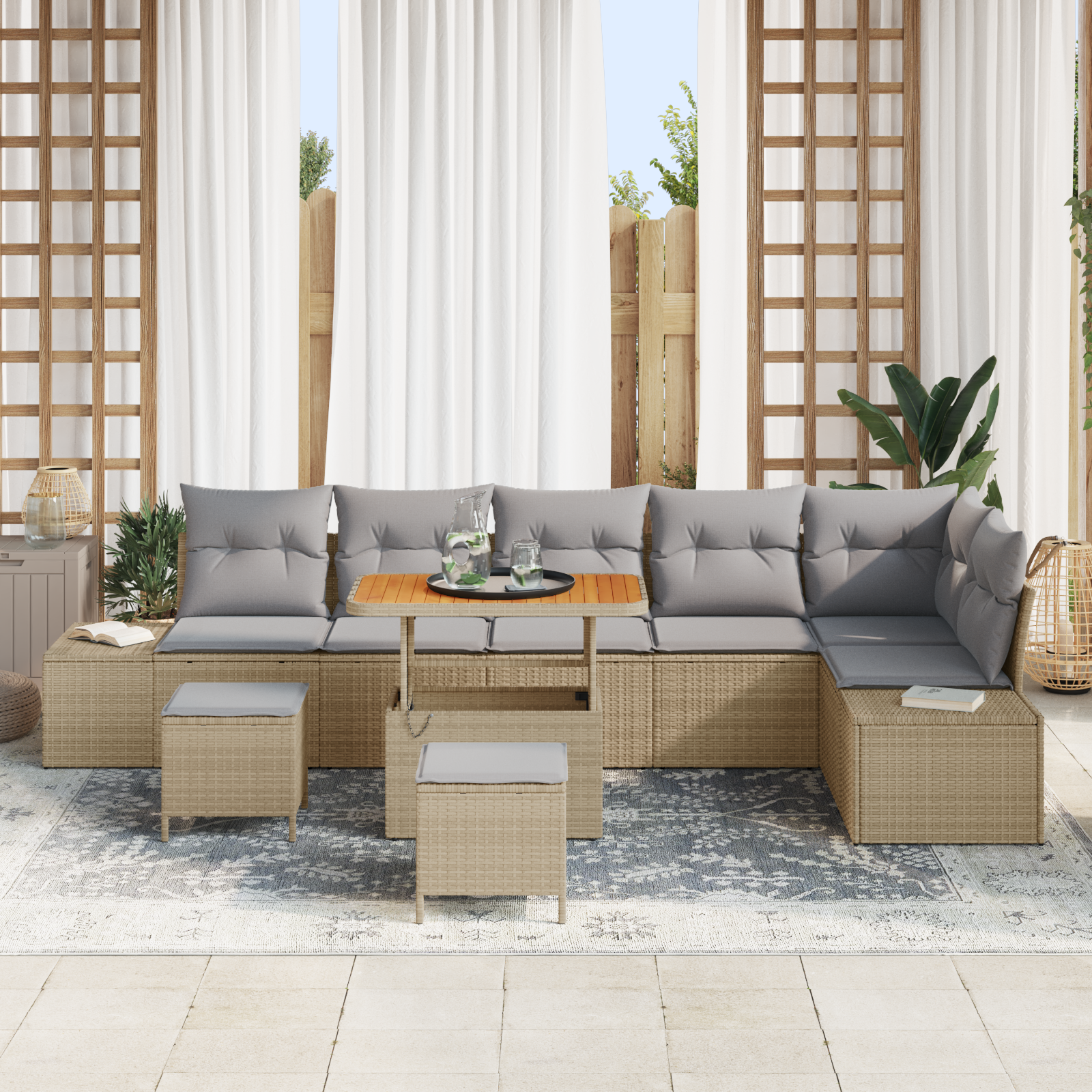 vidaXL 9-delige tuinset met kussens Beige Poly Rattan Acacia