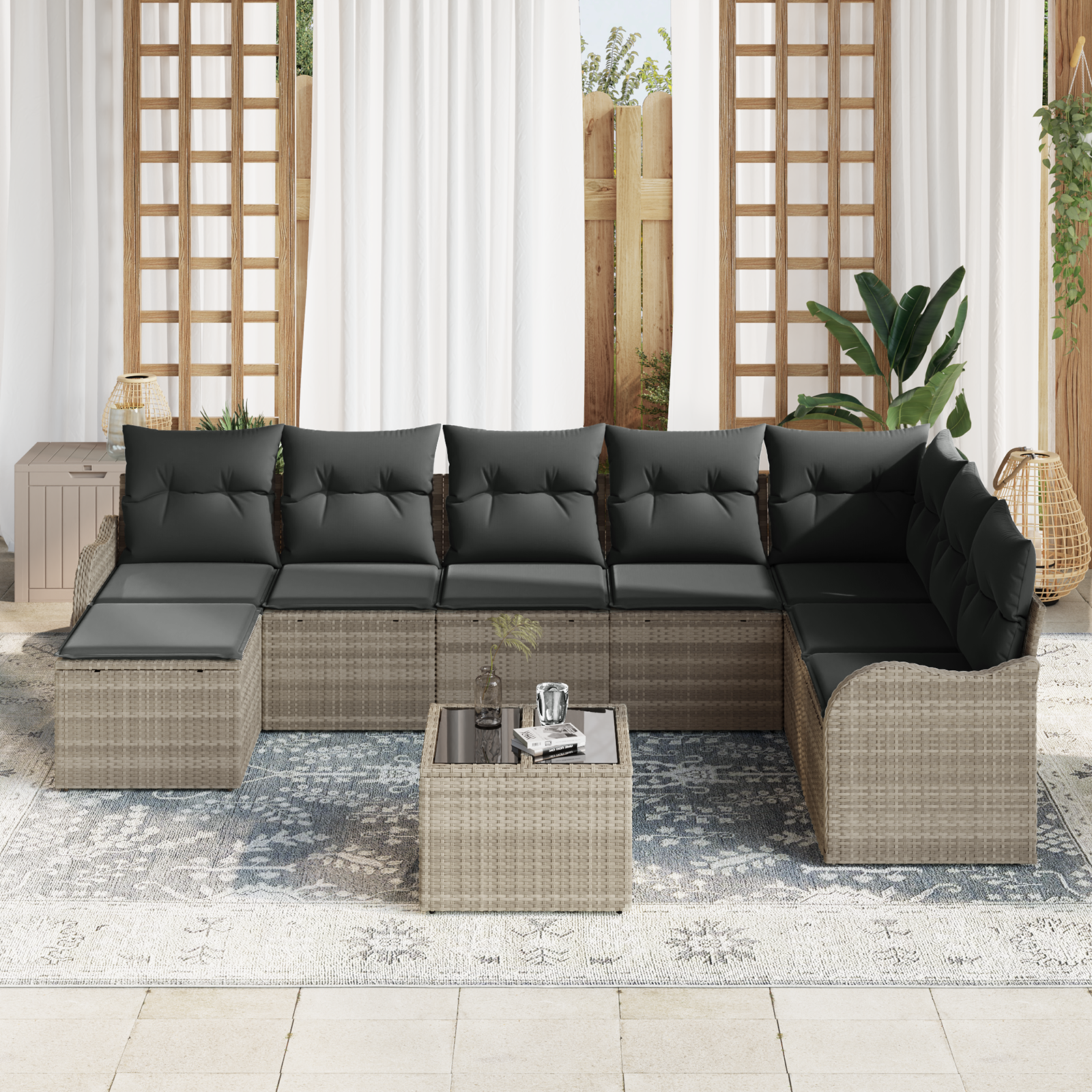 vidaXL 9-delige Tuinbankenset met kussens poly rattan grijs