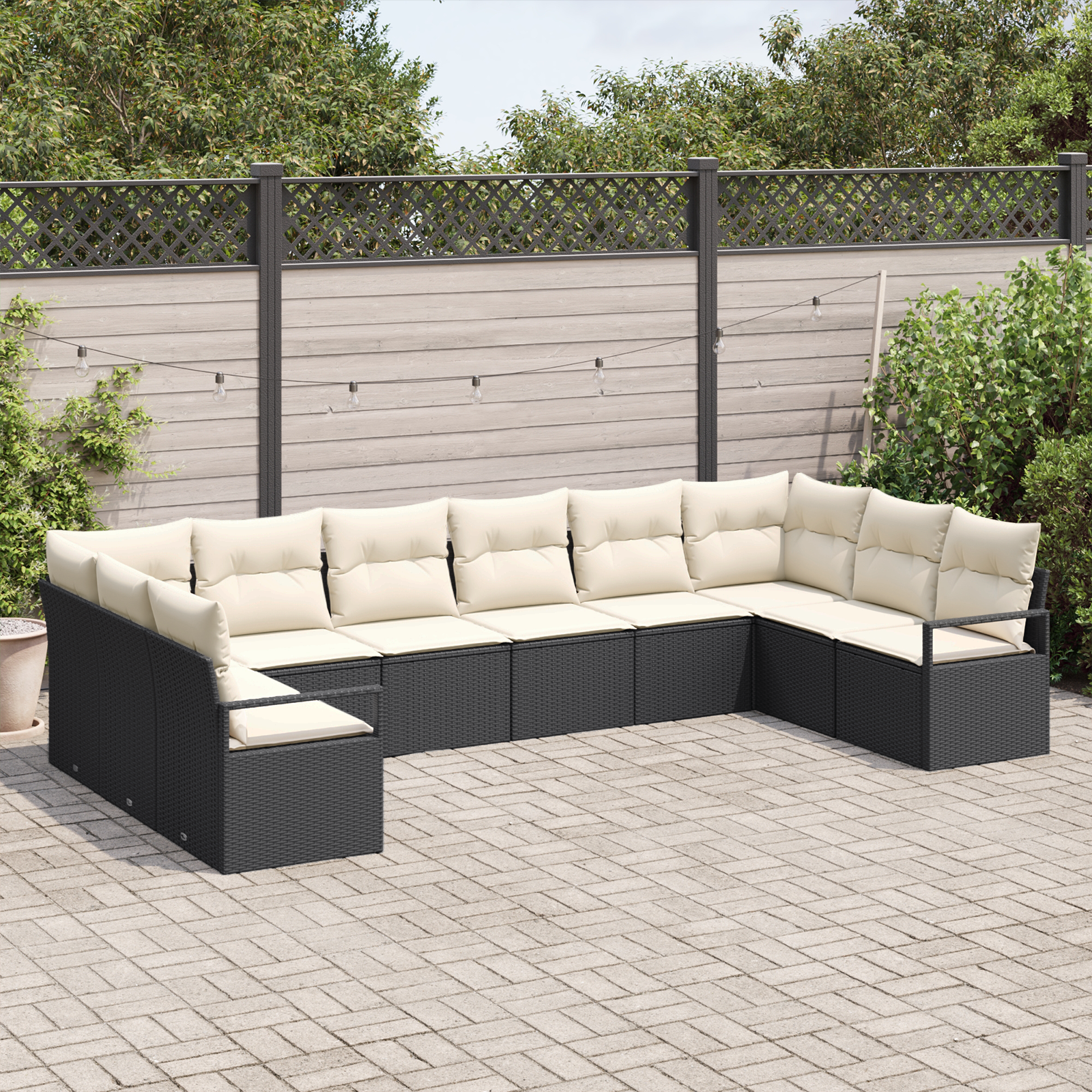 vidaXL 10-delige tuinset met kussens in zwart poly riet