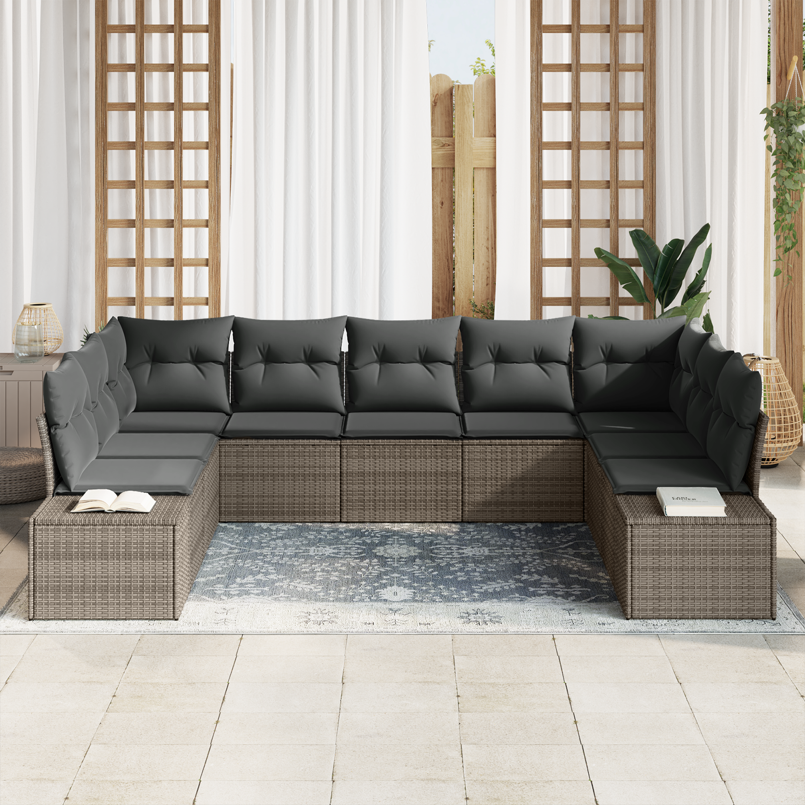 vidaXL 9-delige tuinsofa set met kussens in het grijs van poly rattan