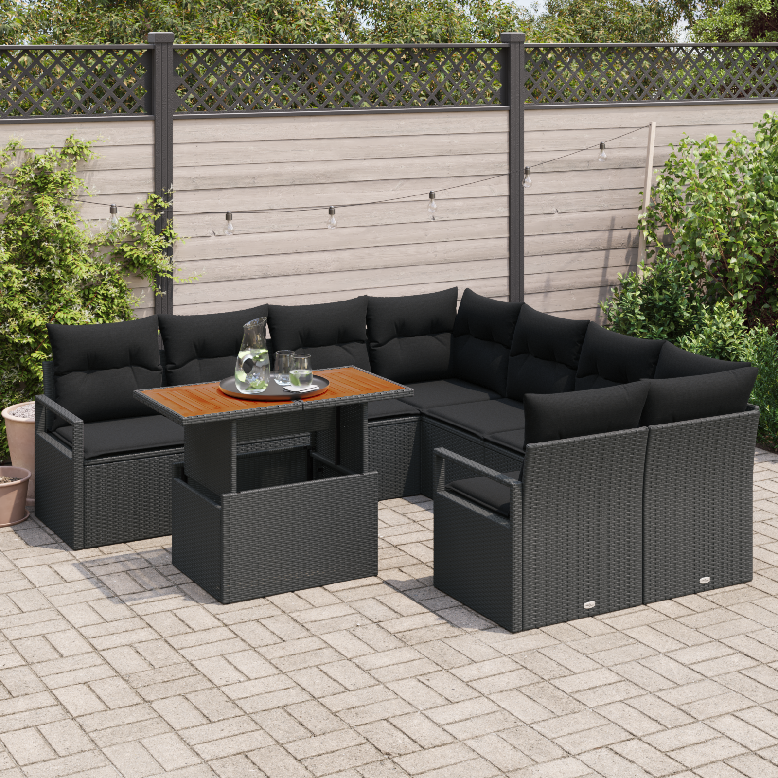 vidaXL 9-delige tuinbankset met kussens zwart poly rattan acacia