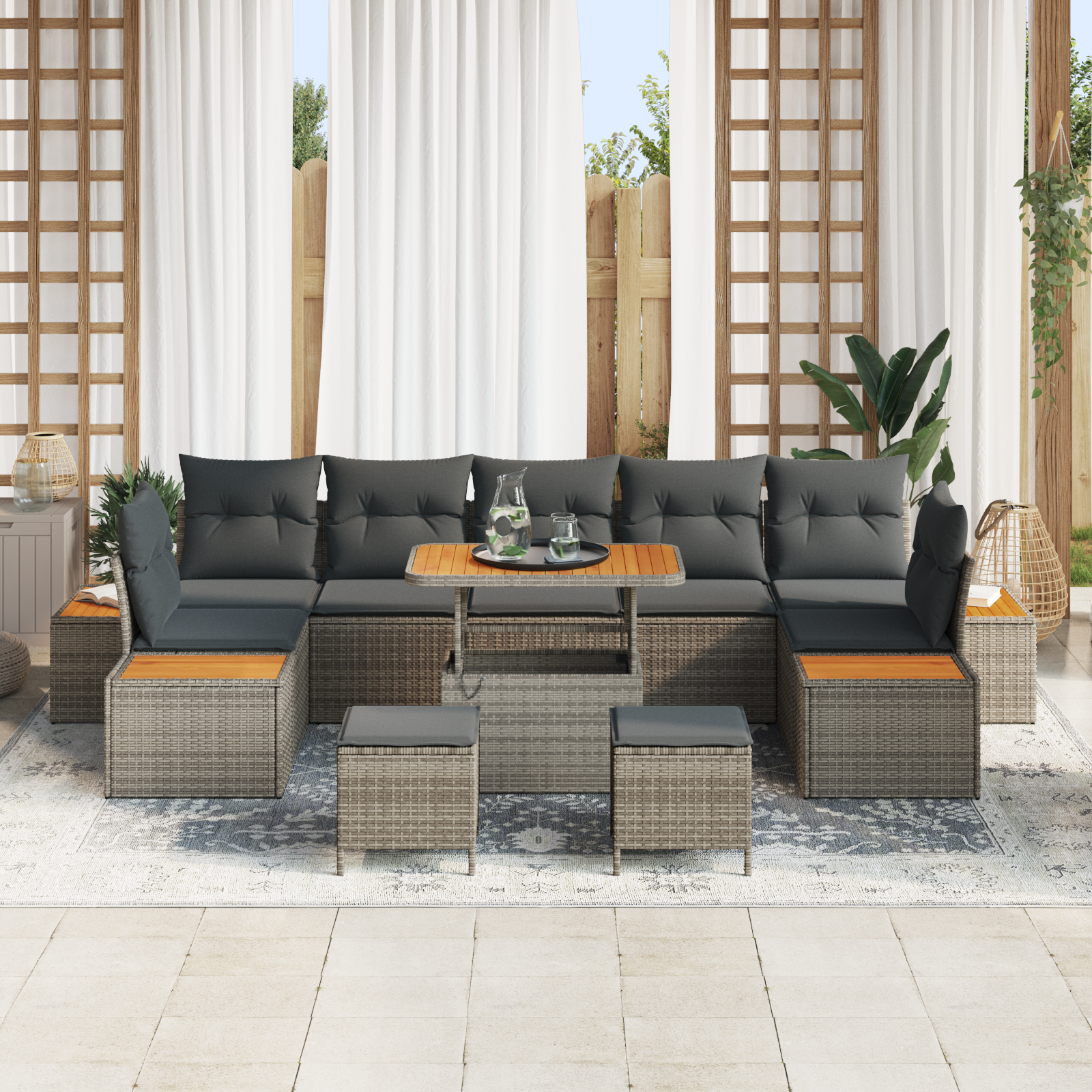 vidaXL 10-delige tuinbankset met kussens - grijs poly rattan en acacia