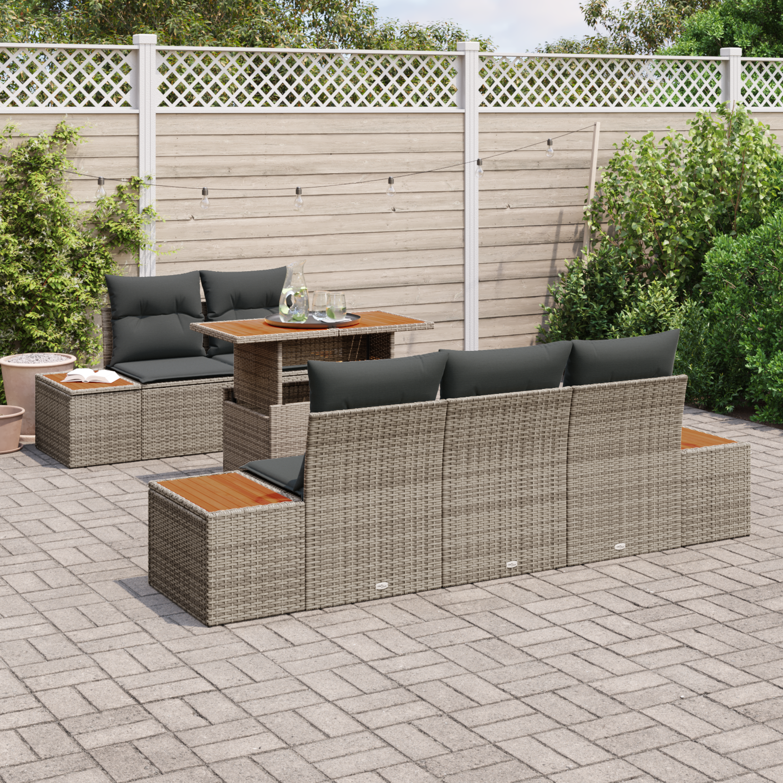 vidaXL 6-delige Tuinbankenset met kussens poly rattan grijs