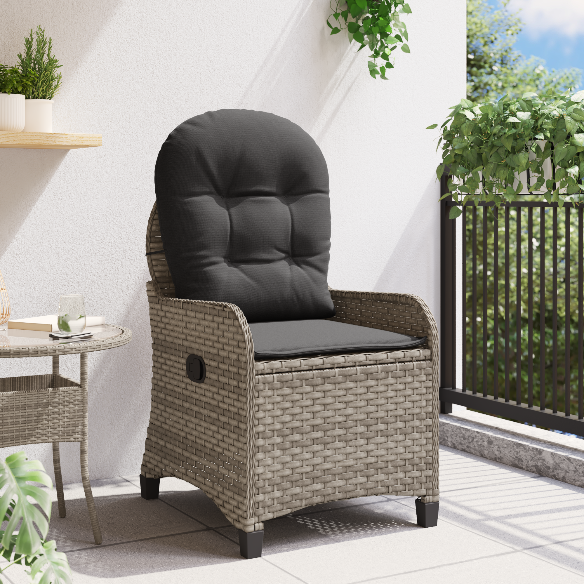 vidaXL Stoel verstelbaar met kussen poly rattan grijs