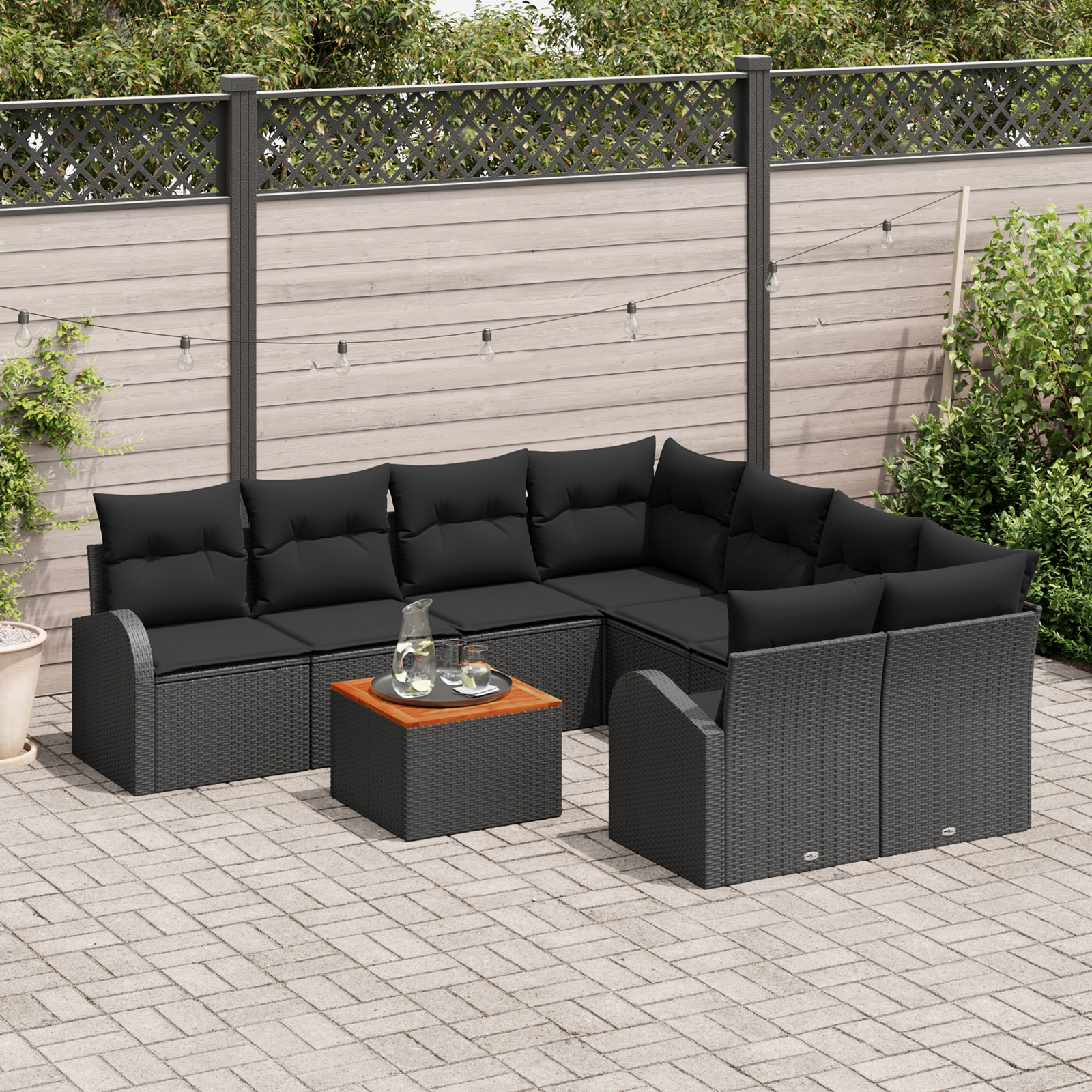 vidaXL 9-delige tuinbankset met kussens in zwart poly rattan en acacia