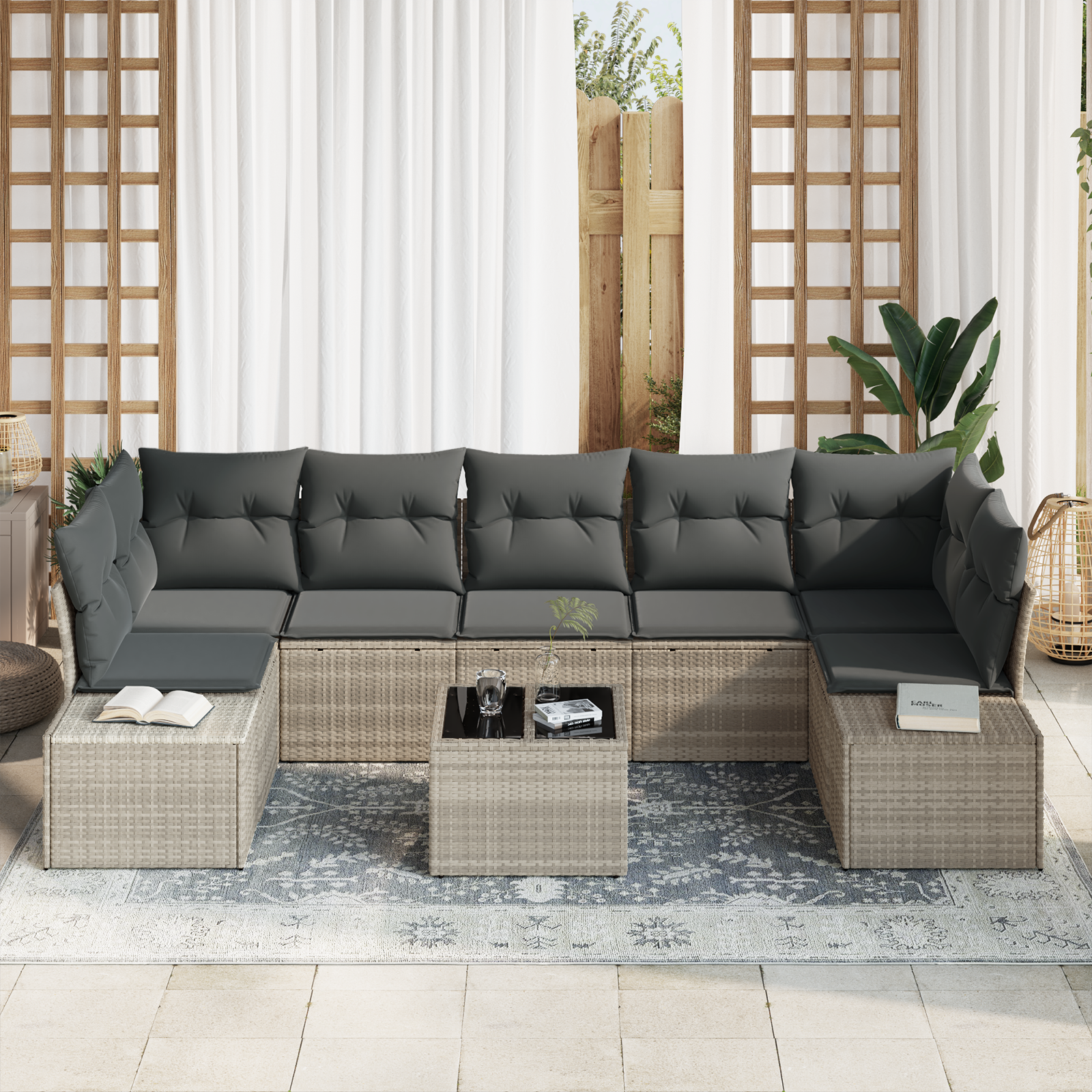 vidaXL 8-delige tuinset met kussens in lichtgrijs poly rattan